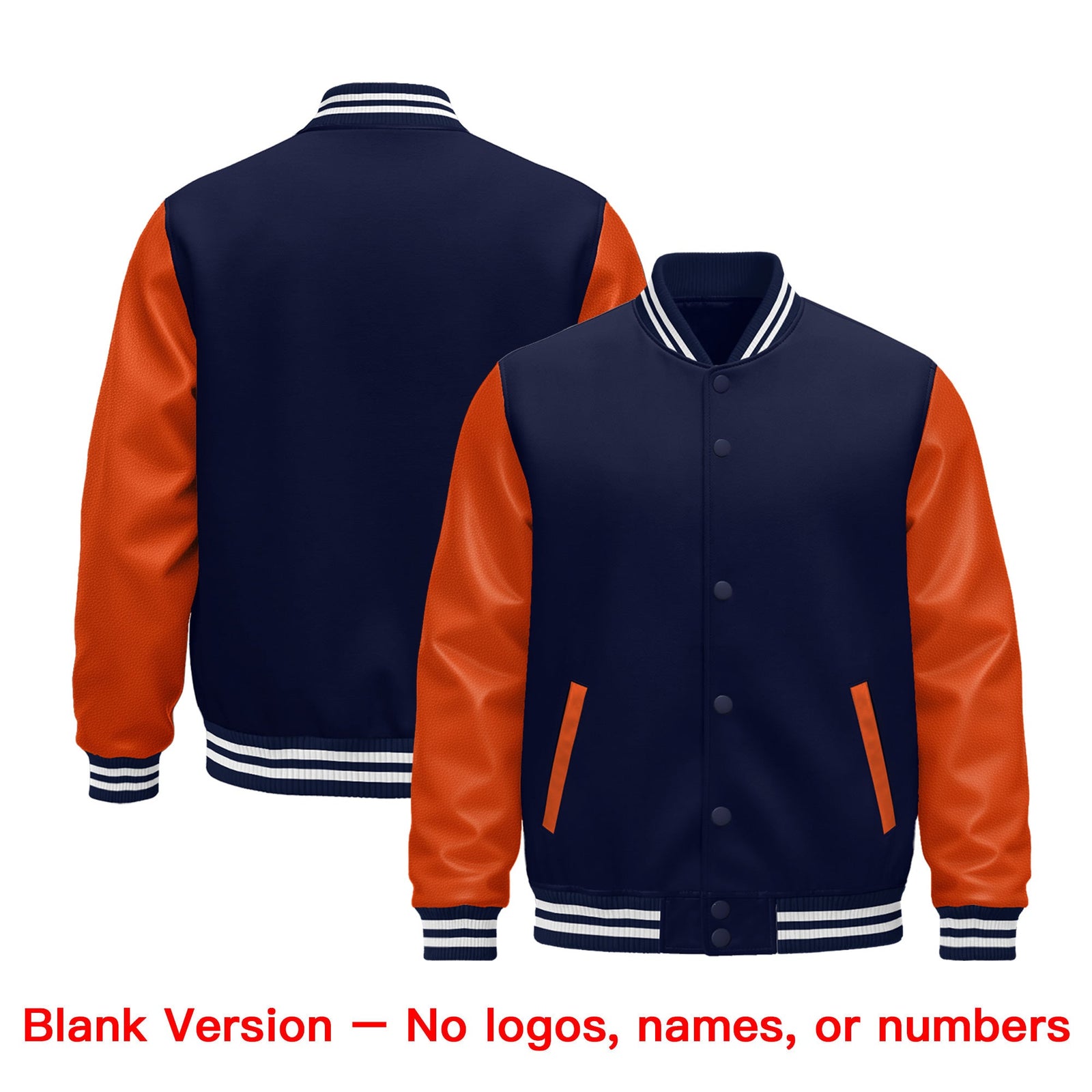 Custom Navy Orange White Raglan Sleeves Varsity Full-Snap Leather Sleeves Letterman Jacket| KXKSHOP