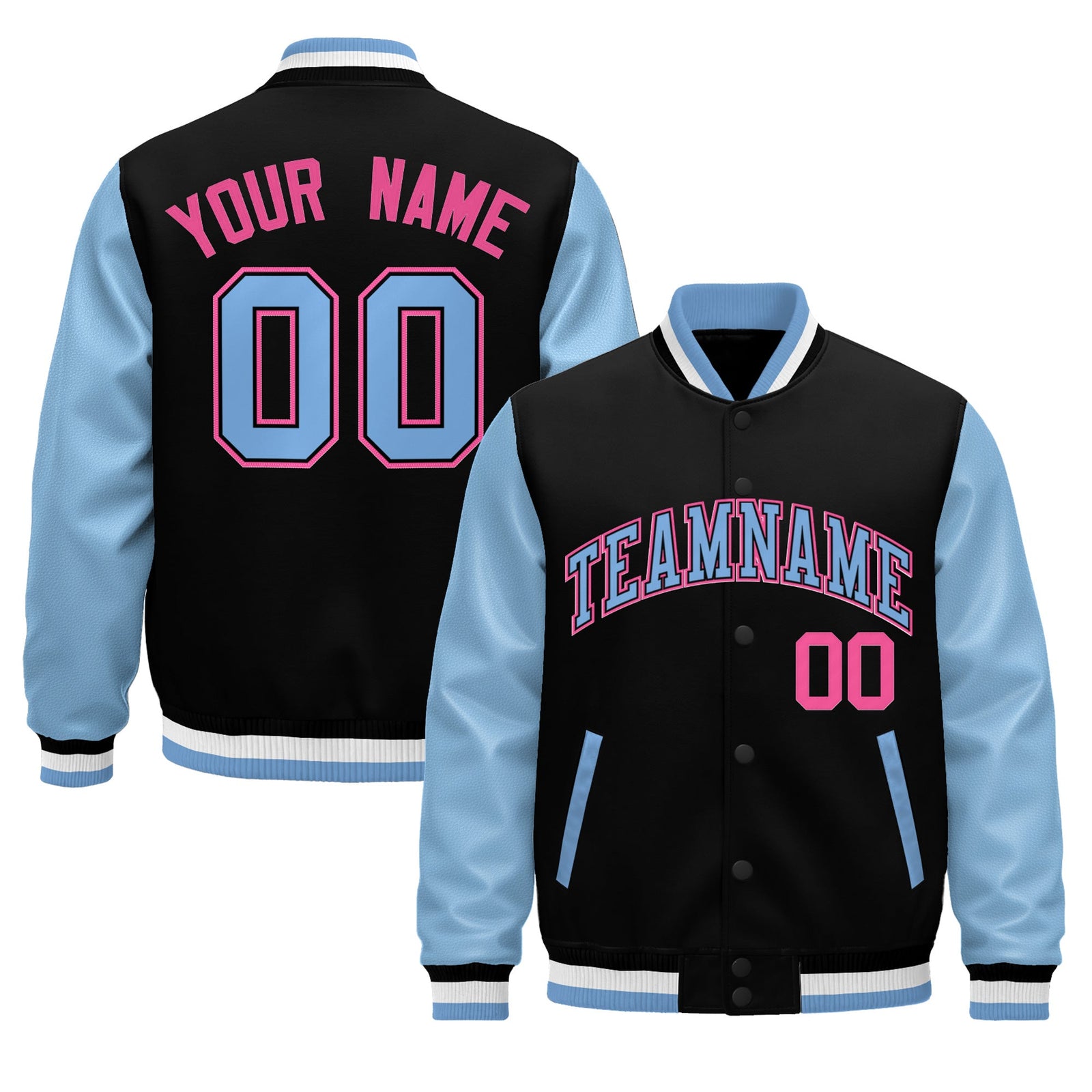 Custom Black Light Blue White Rose Red Raglan Sleeves Varsity Full-Snap Leather Sleeves Letterman Jacket| KXKSHOP
