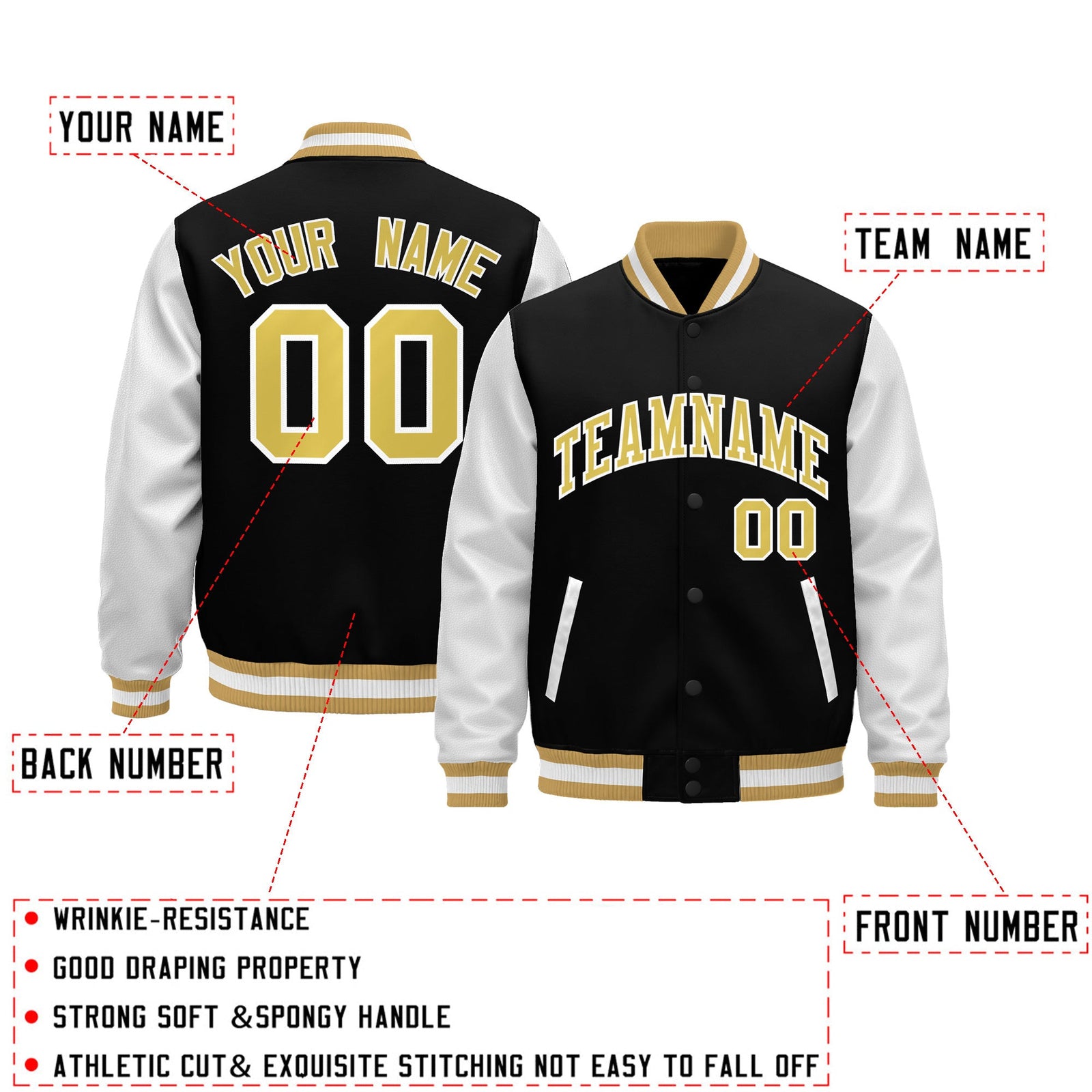 Custom Black Old Gold White Raglan Sleeves Varsity Full-Snap Leather Sleeves Letterman Jacket| KXKSHOP