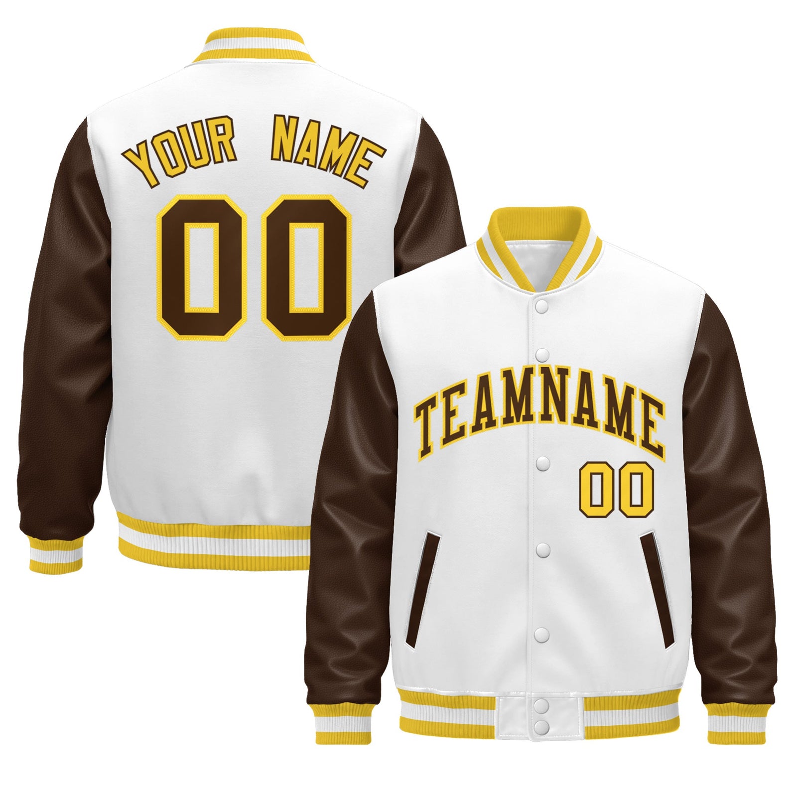 Custom White Brown Gold Raglan Sleeves Varsity Full-Snap Leather Sleeves Letterman Jacket| KXKSHOP