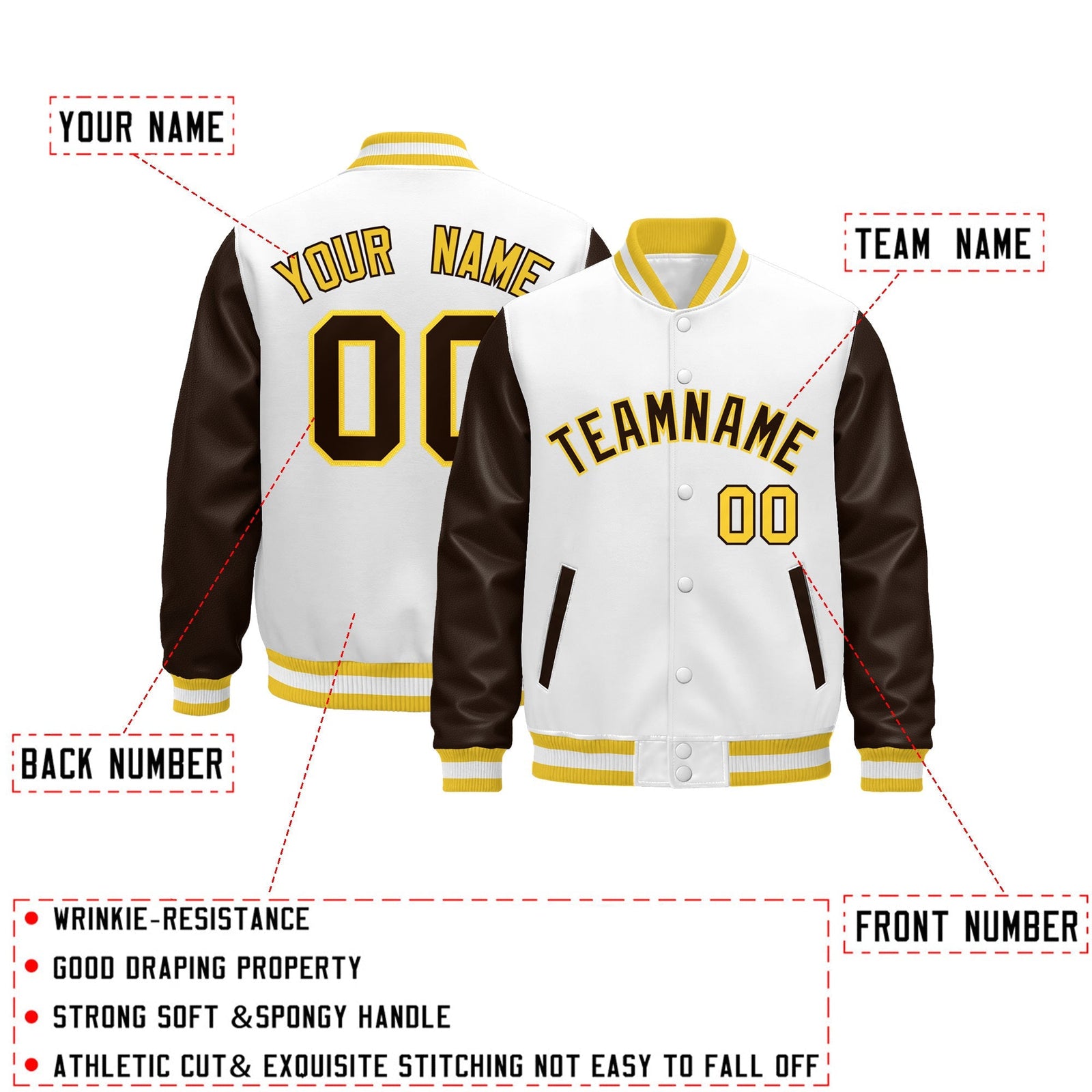 Custom White Brown Gold Raglan Sleeves Varsity Full-Snap Leather Sleeves Letterman Jacket| KXKSHOP