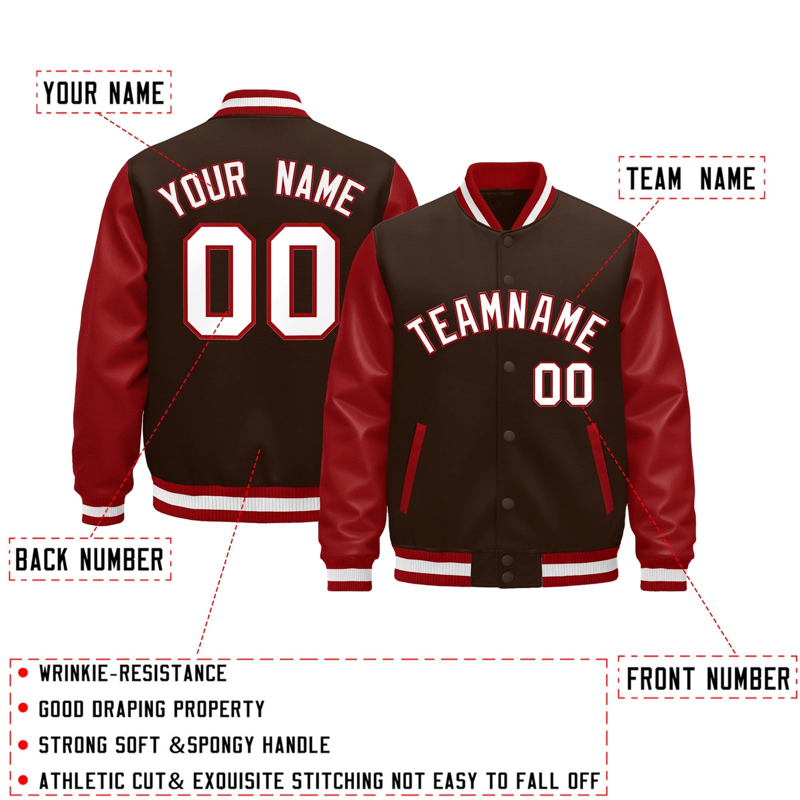 Custom Red Brown White Raglan Sleeves Varsity Full-Snap Leather Sleeves Letterman Jacket| KXKSHOP