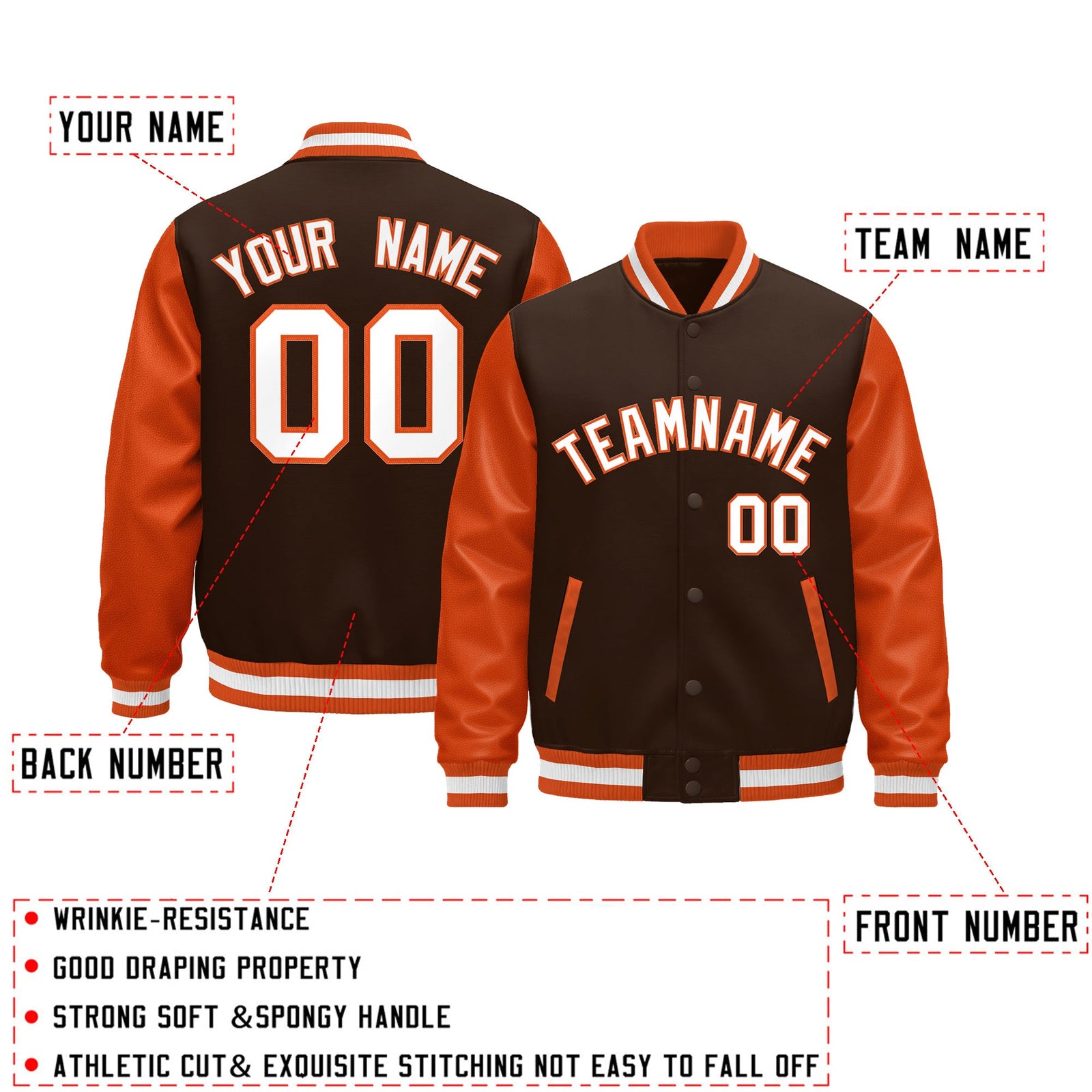 Custom Orange Brown White Raglan Sleeves Varsity Full-Snap Leather Sleeves Letterman Jacket| KXKSHOP