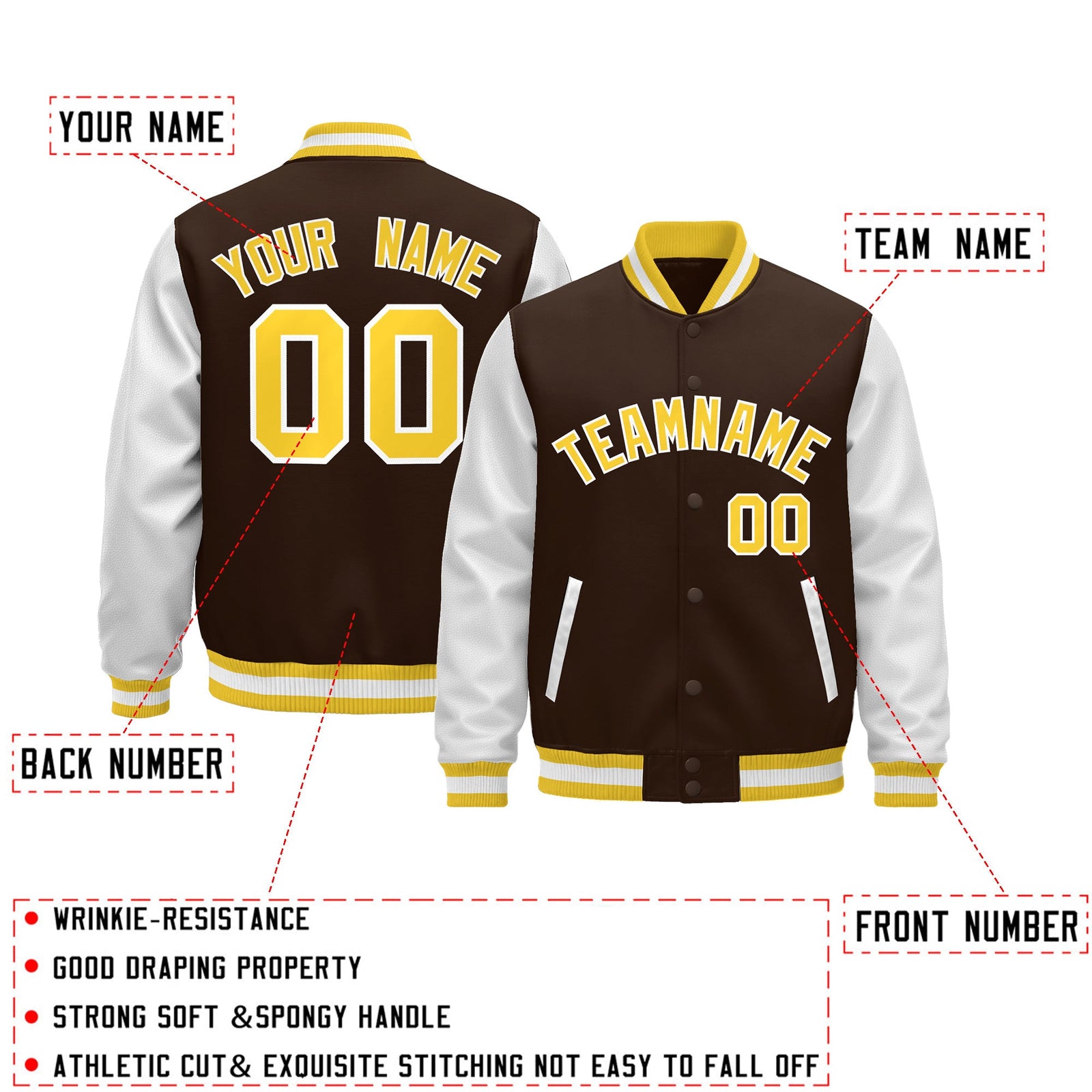 Custom White Brown Gold Raglan Sleeves Varsity Full-Snap Leather Sleeves Letterman Jacket| KXKSHOP