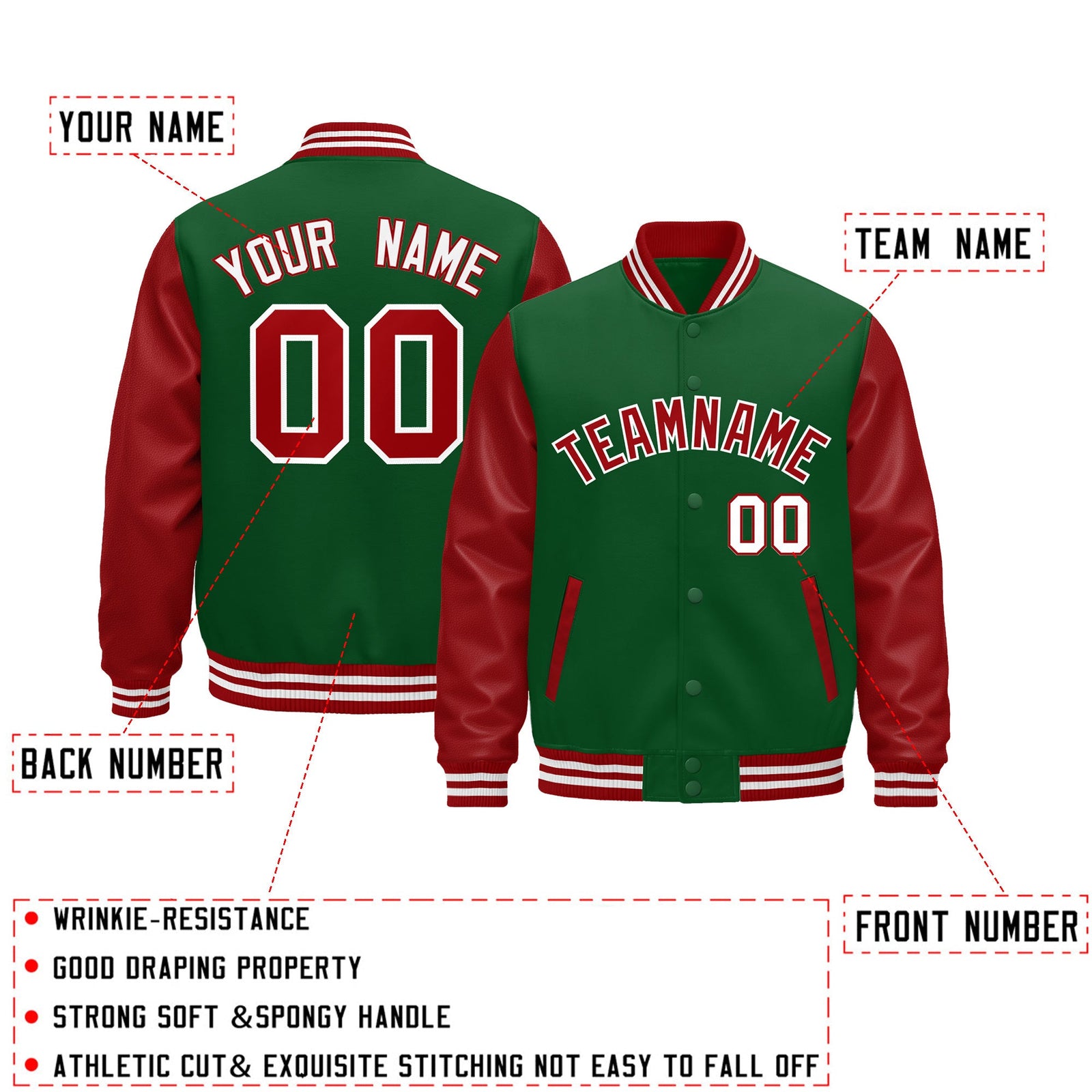 Custom Kelly Green Red White Raglan Sleeves Varsity Full-Snap Leather Sleeves Letterman Jacket| KXKSHOP