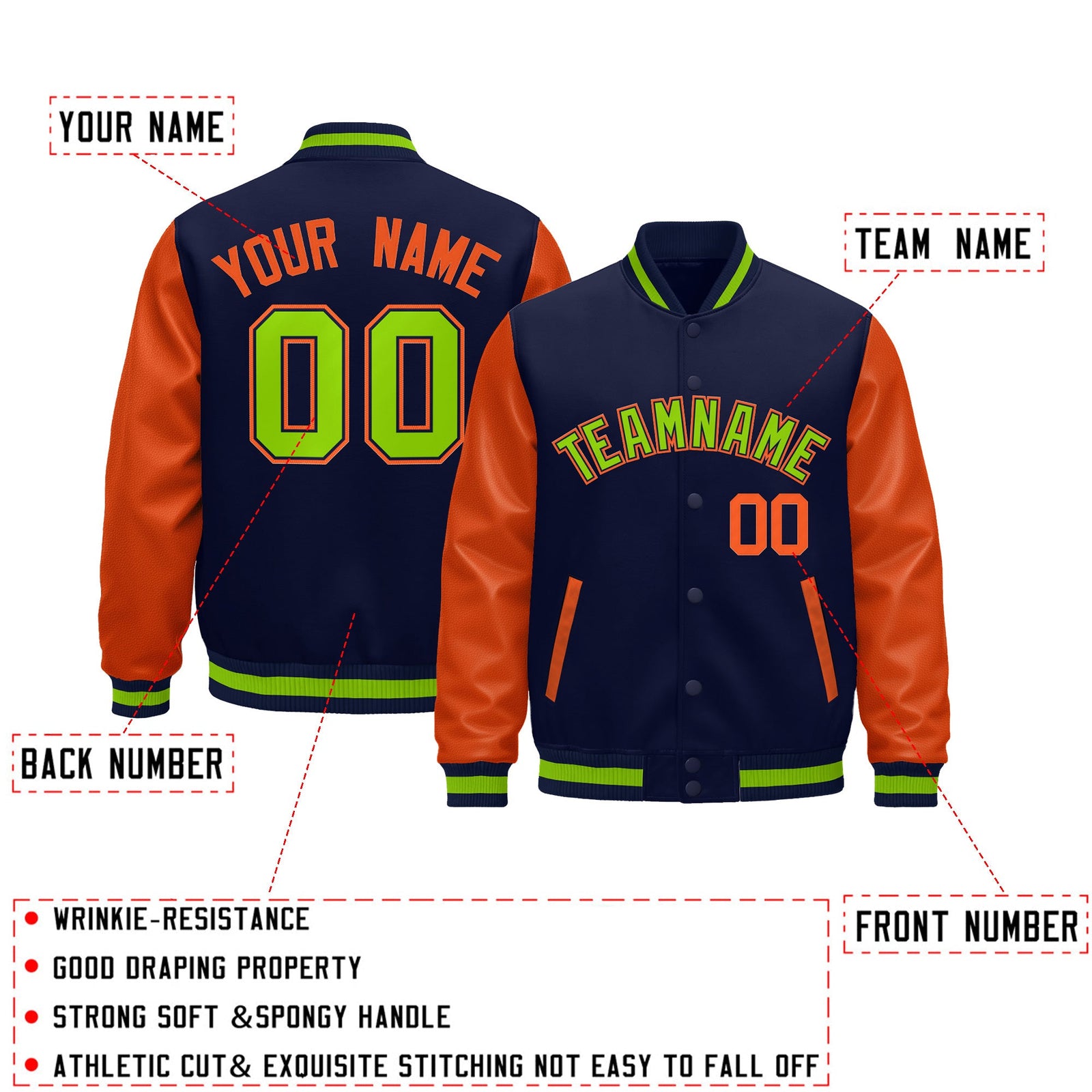 Custom Navy Orange Neon Green Raglan Sleeves Varsity Full-Snap Leather Sleeves Letterman Jacket| KXKSHOP