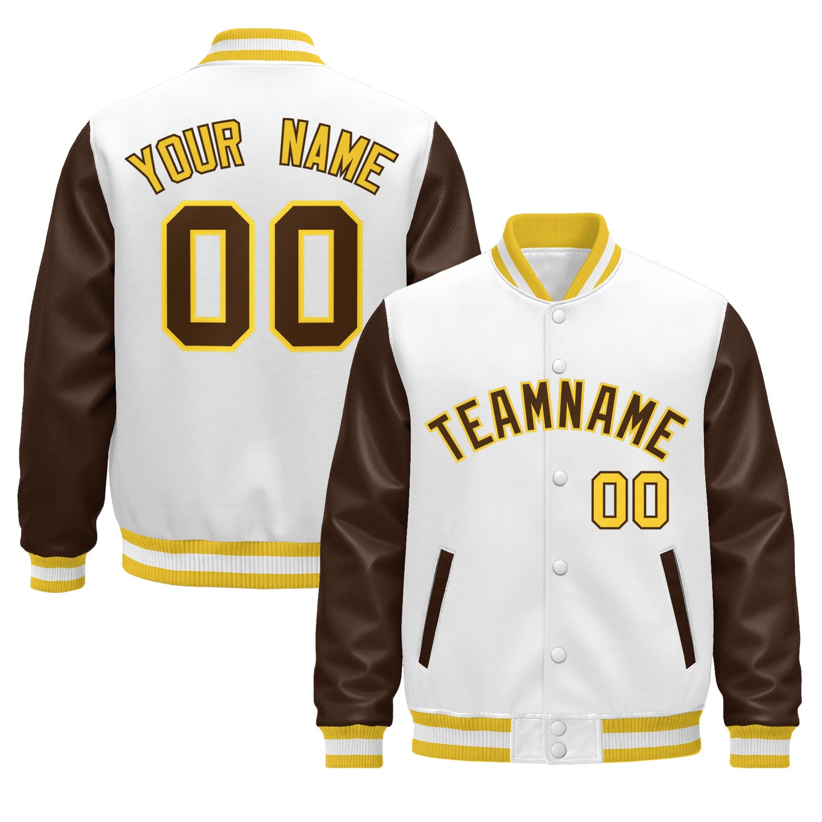 Custom White Brown Gold Raglan Sleeves Varsity Full-Snap Leather Sleeves Letterman Jacket| KXKSHOP