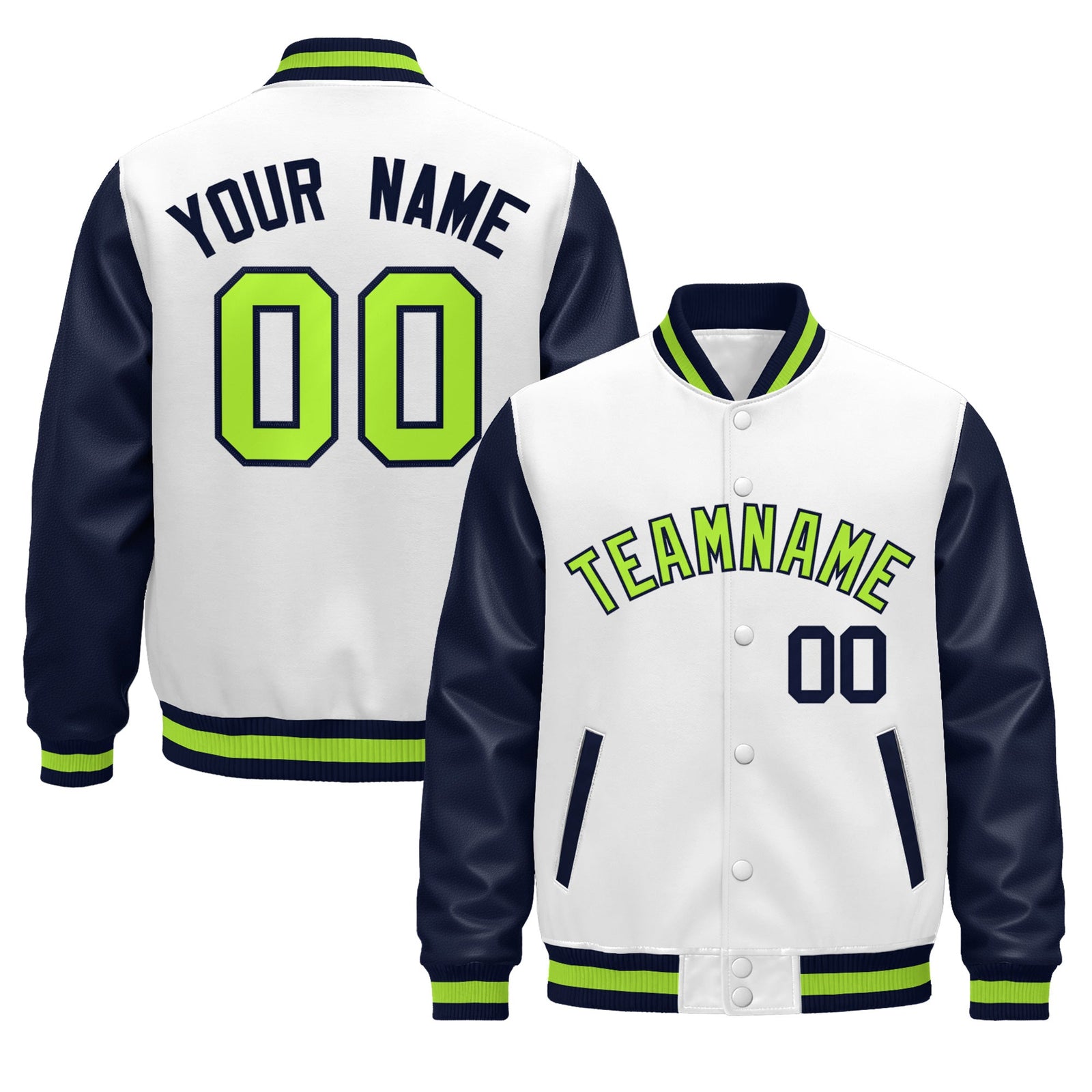 Custom Navy White Neon Green Raglan Sleeves Varsity Full-Snap Leather Sleeves Letterman Jacket| KXKSHOP