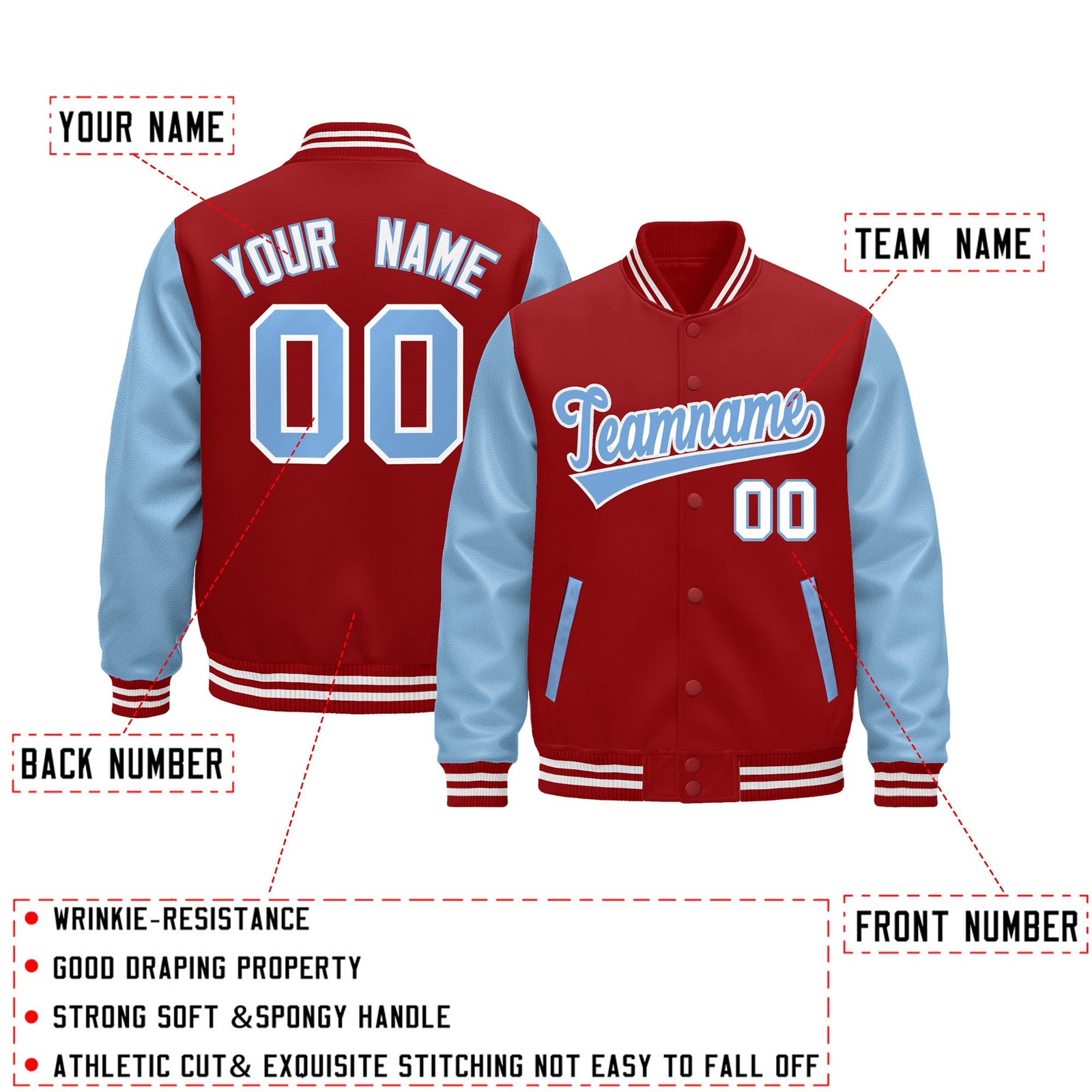 Custom Cream Light Blue Red Raglan Sleeves Varsity Full-Snap Leather Sleeves Letterman Jacket| KXKSHOP