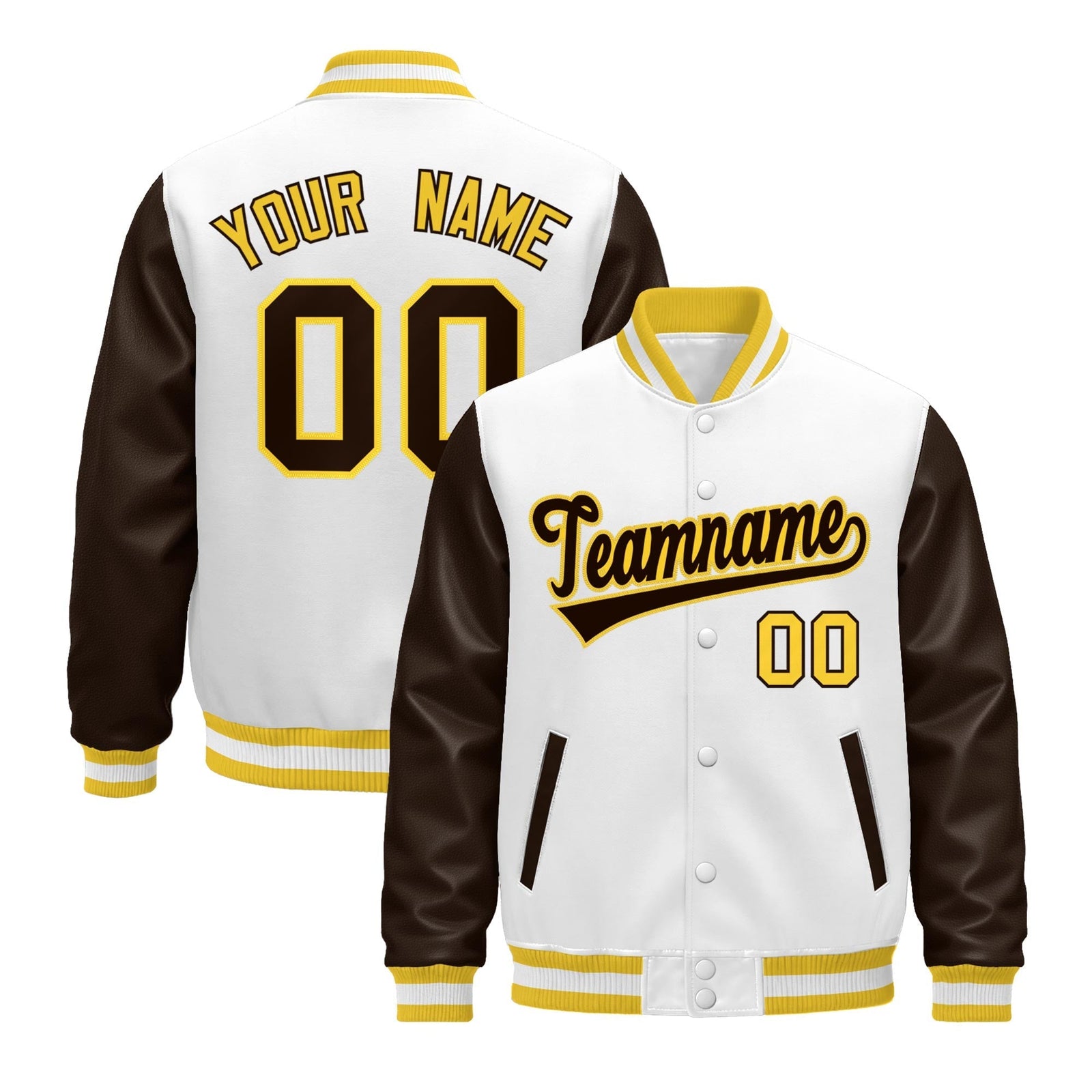 Custom White Brown Gold Raglan Sleeves Varsity Full-Snap Leather Sleeves Letterman Jacket| KXKSHOP