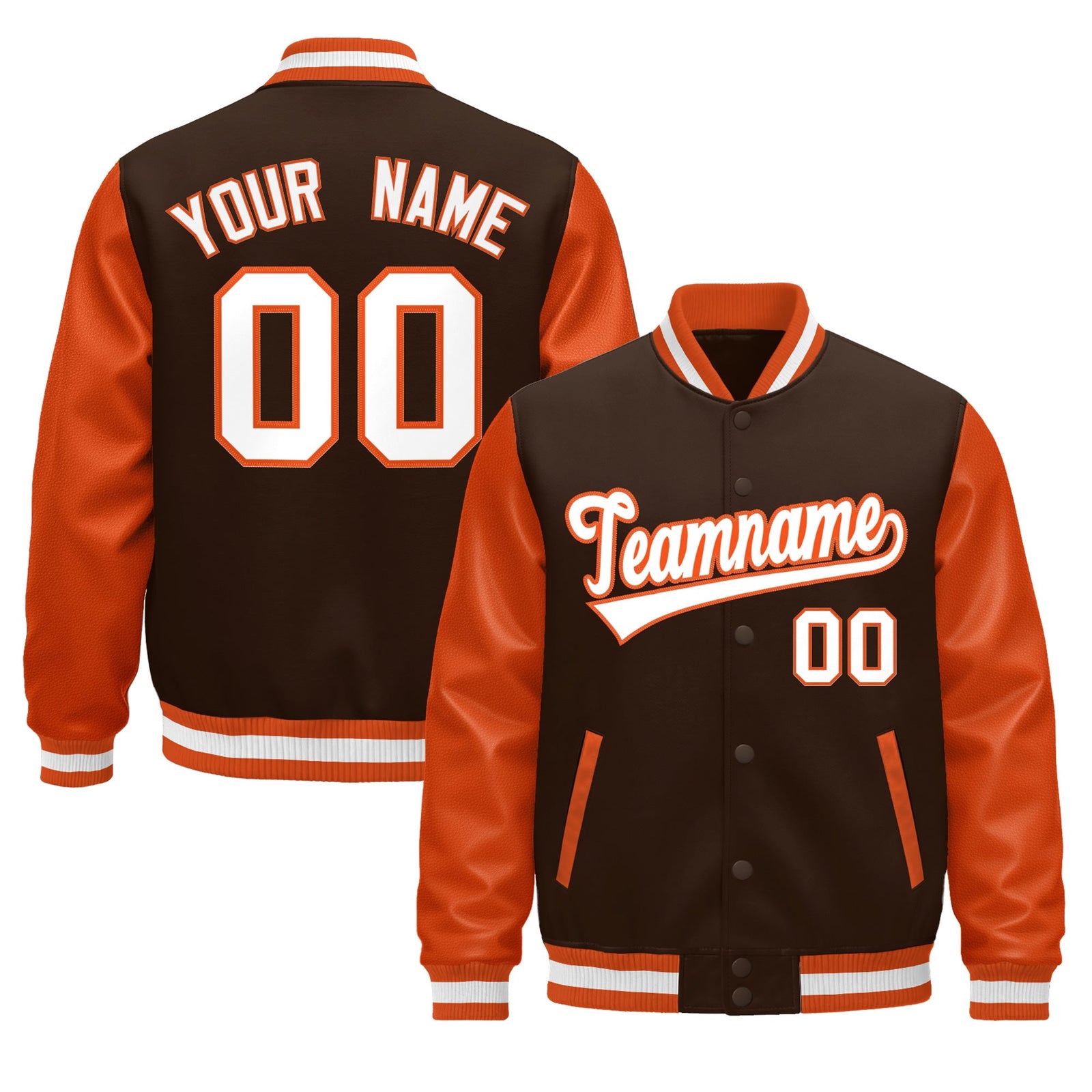Custom Orange Brown White Raglan Sleeves Varsity Full-Snap Leather Sleeves Letterman Jacket| KXKSHOP