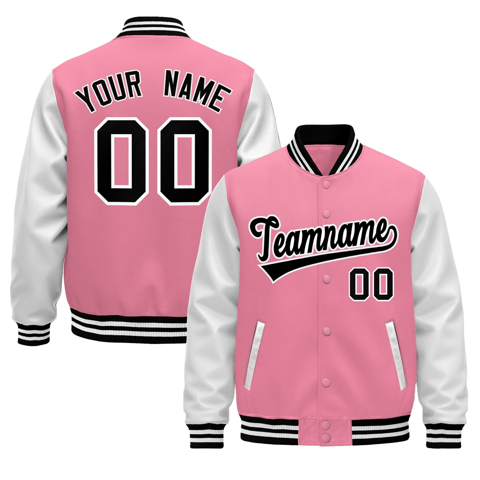 Custom Light Pink White Black Raglan Sleeves Varsity Full-Snap Leather Sleeves Letterman Jacket| KXKSHOP