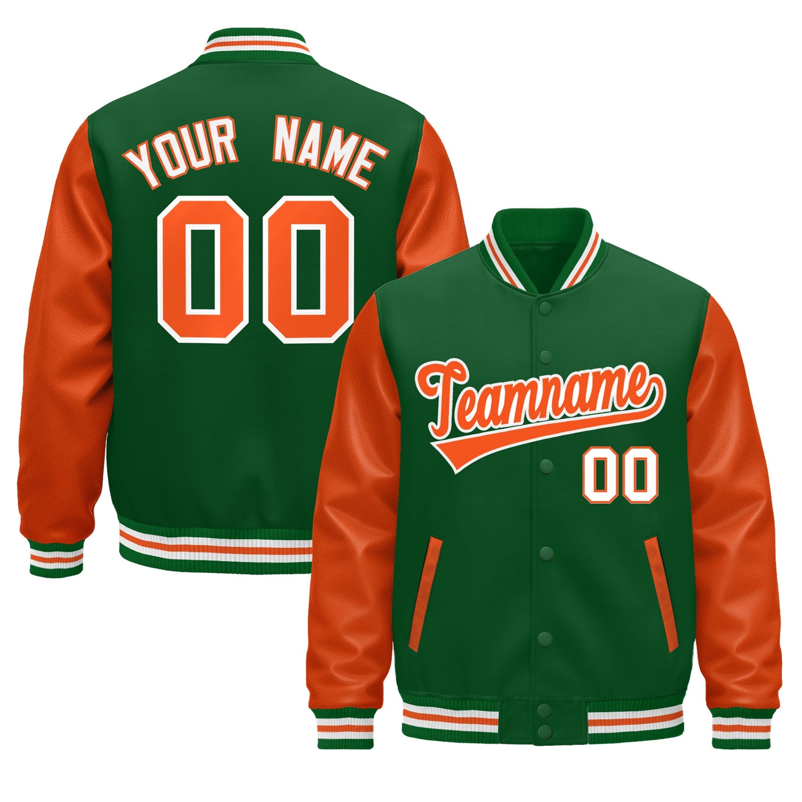 Custom Kelly Green White Orange Raglan Sleeves Varsity Full-Snap Leather Sleeves Letterman Jacket| KXKSHOP