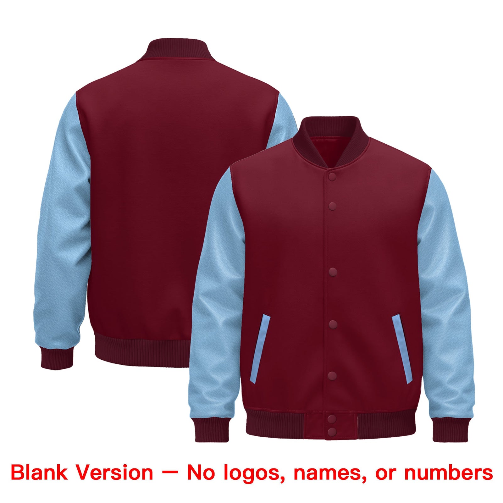 Custom Crimson Light Blue White Raglan Sleeves Varsity Full-Snap Leather Sleeves Letterman Jacket| KXKSHOP