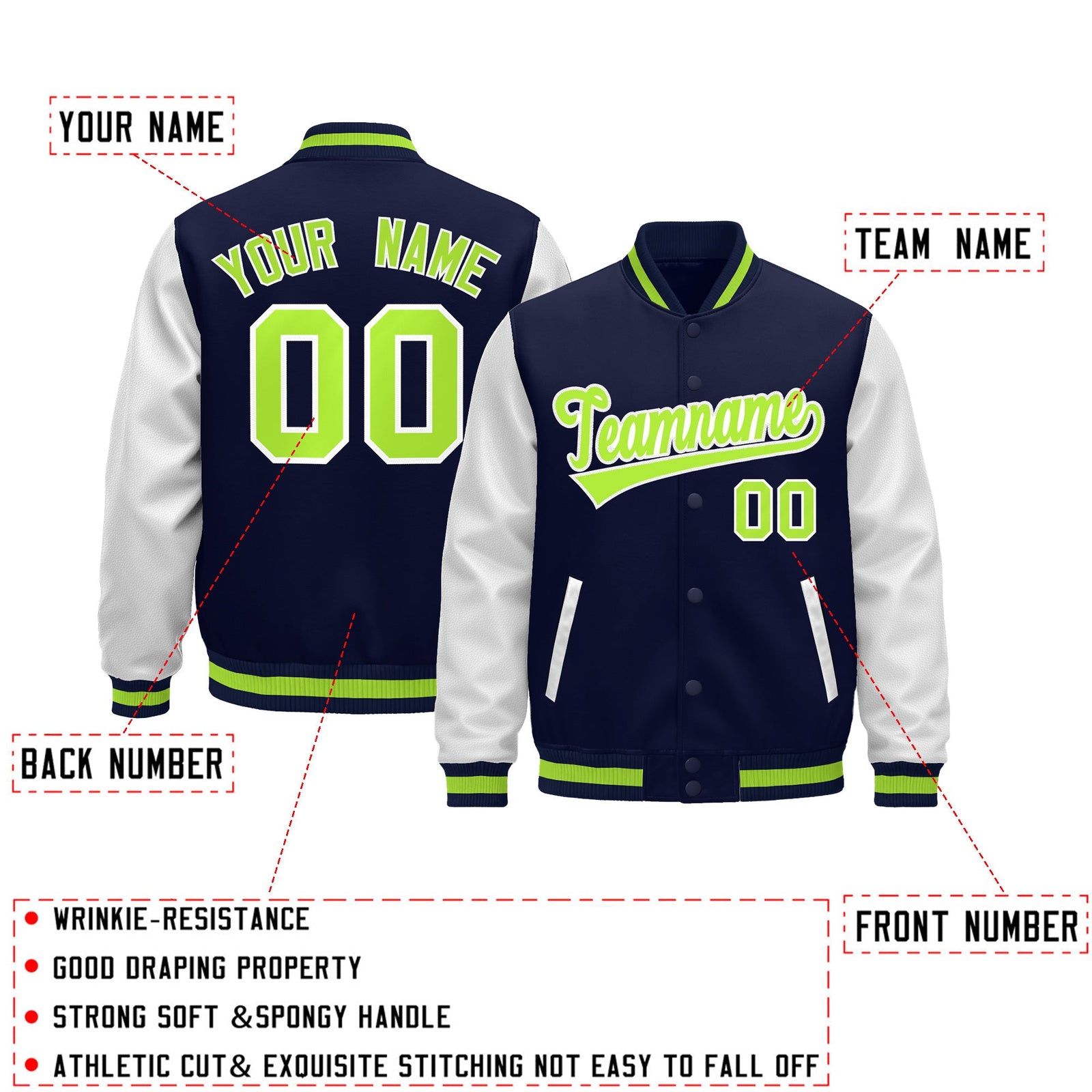 Custom Navy White Neon Green Raglan Sleeves Varsity Full-Snap Leather Sleeves Letterman Jacket| KXKSHOP