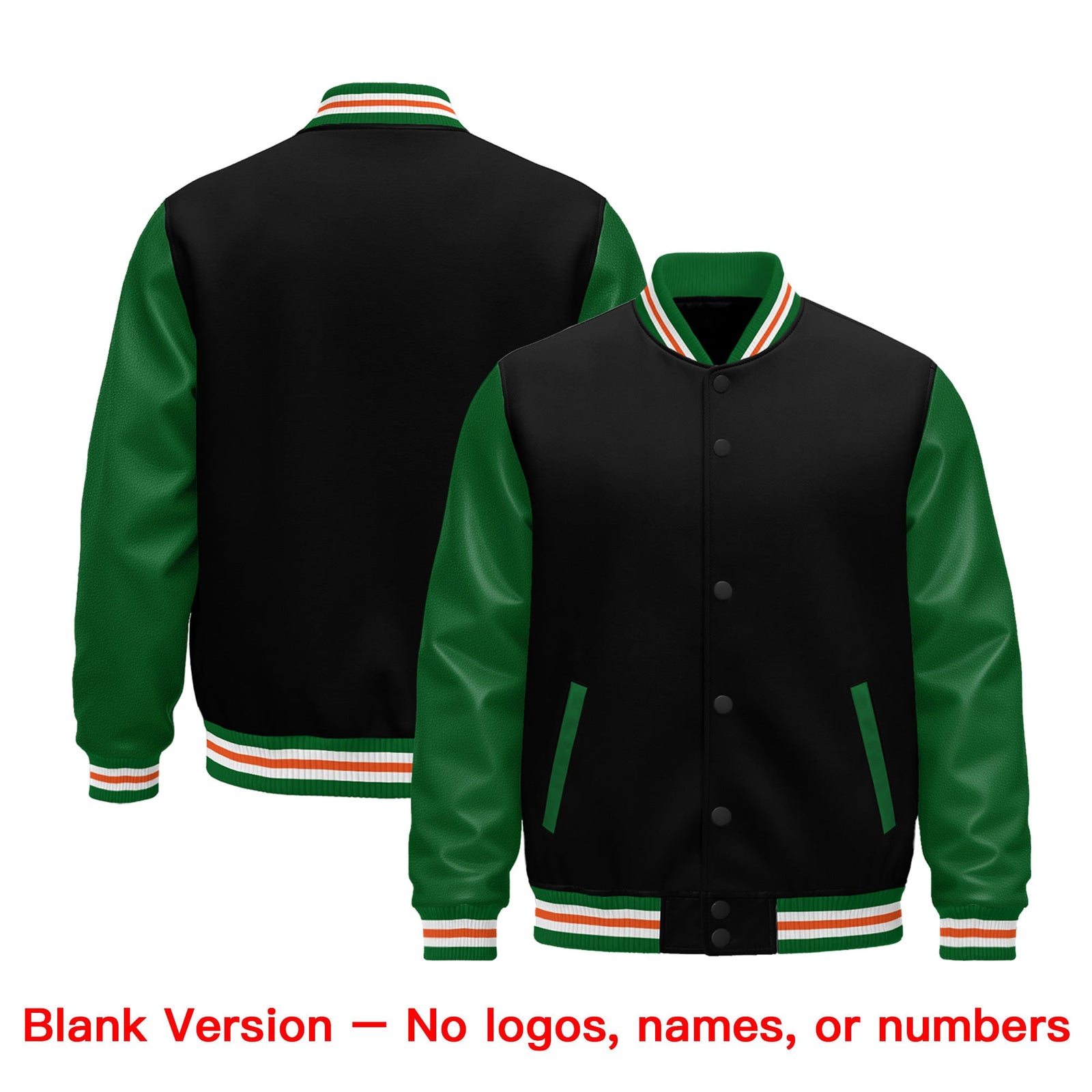 Custom Black Kelly Green White Orange Raglan Sleeves Varsity Full-Snap Leather Sleeves Letterman Jacket| KXKSHOP