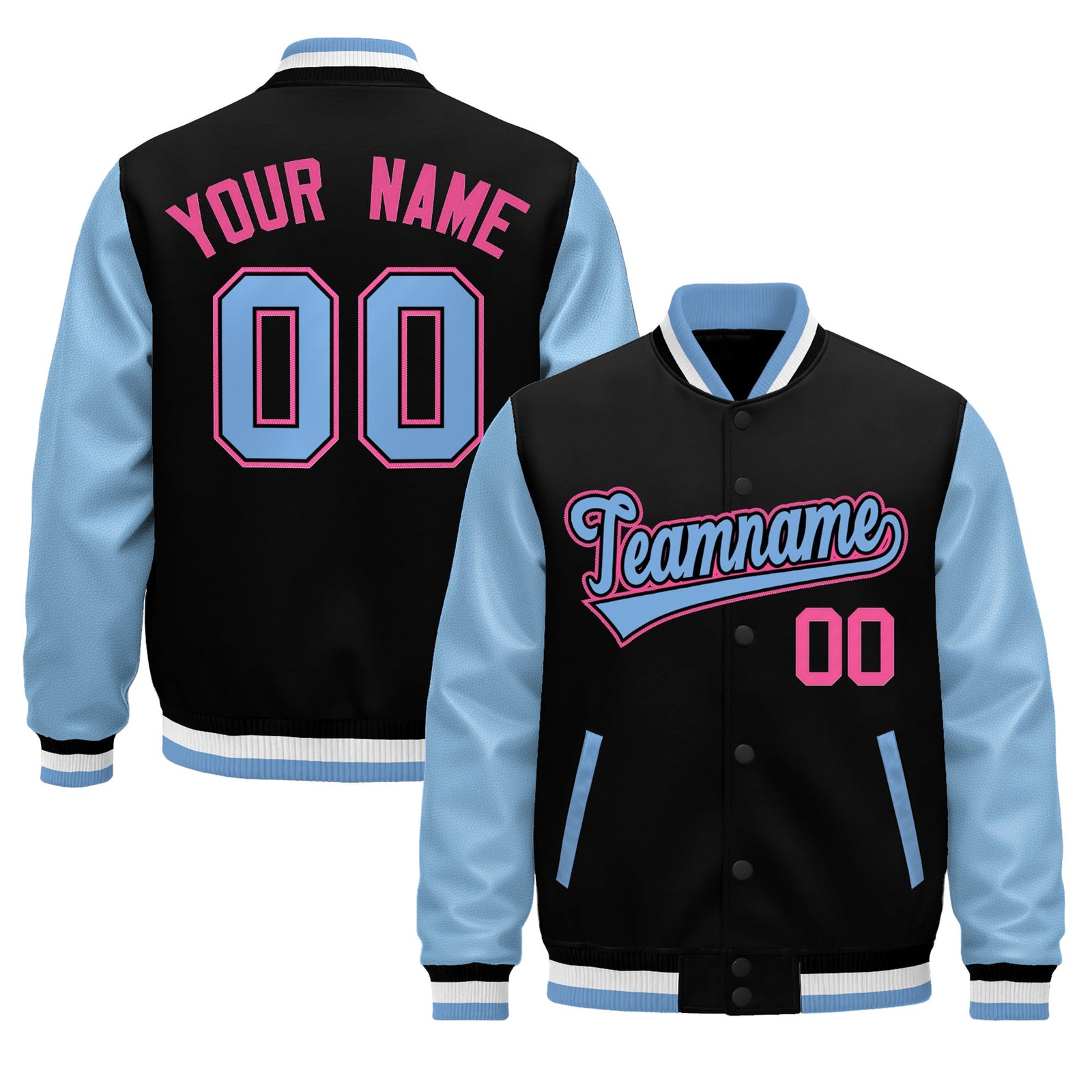 Custom Black Light Blue White Rose Red Raglan Sleeves Varsity Full-Snap Leather Sleeves Letterman Jacket| KXKSHOP