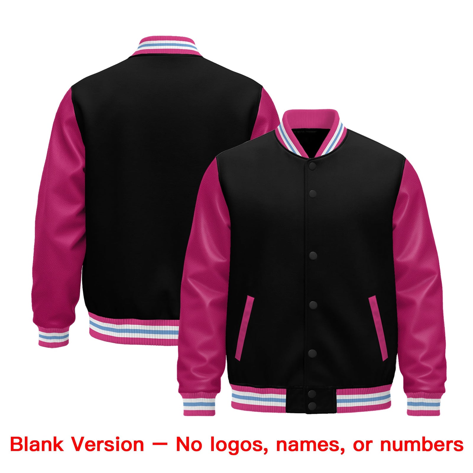 Custom Black Pink White Light Blue Raglan Sleeves Varsity Full-Snap Leather Sleeves Letterman Jacket| KXKSHOP