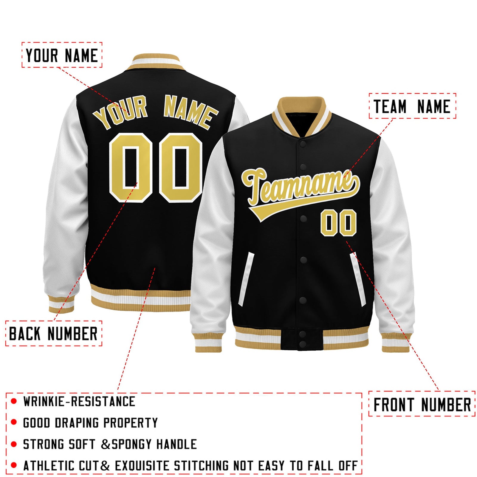 Custom Black Old Gold White Raglan Sleeves Varsity Full-Snap Leather Sleeves Letterman Jacket| KXKSHOP