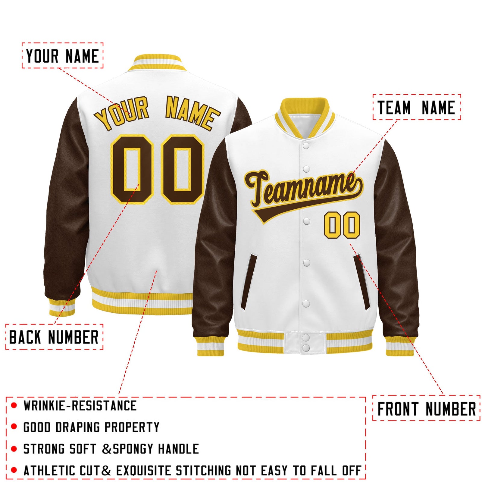 Custom White Brown Gold Raglan Sleeves Varsity Full-Snap Leather Sleeves Letterman Jacket| KXKSHOP