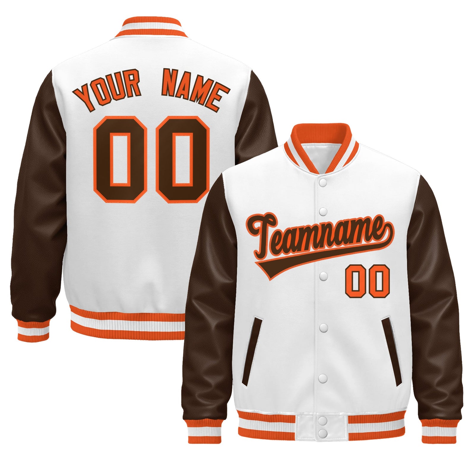 Custom White Brown Orange Raglan Sleeves Varsity Full-Snap Leather Sleeves Letterman Jacket| KXKSHOP