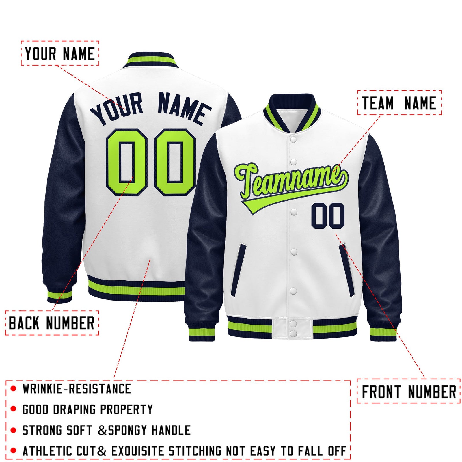 Custom Navy White Neon Green Raglan Sleeves Varsity Full-Snap Leather Sleeves Letterman Jacket| KXKSHOP