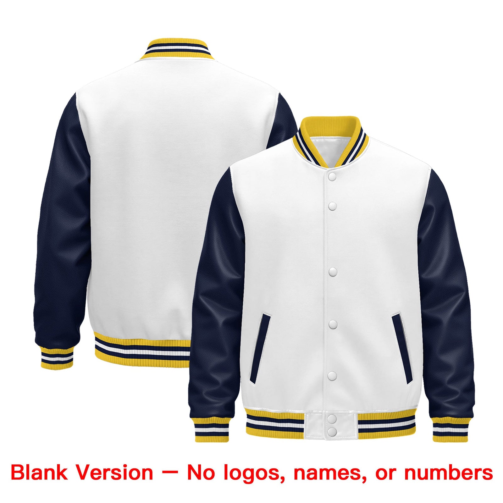 Custom Navy White Gold Raglan Sleeves Varsity Full-Snap Leather Sleeves Letterman Jacket| KXKSHOP