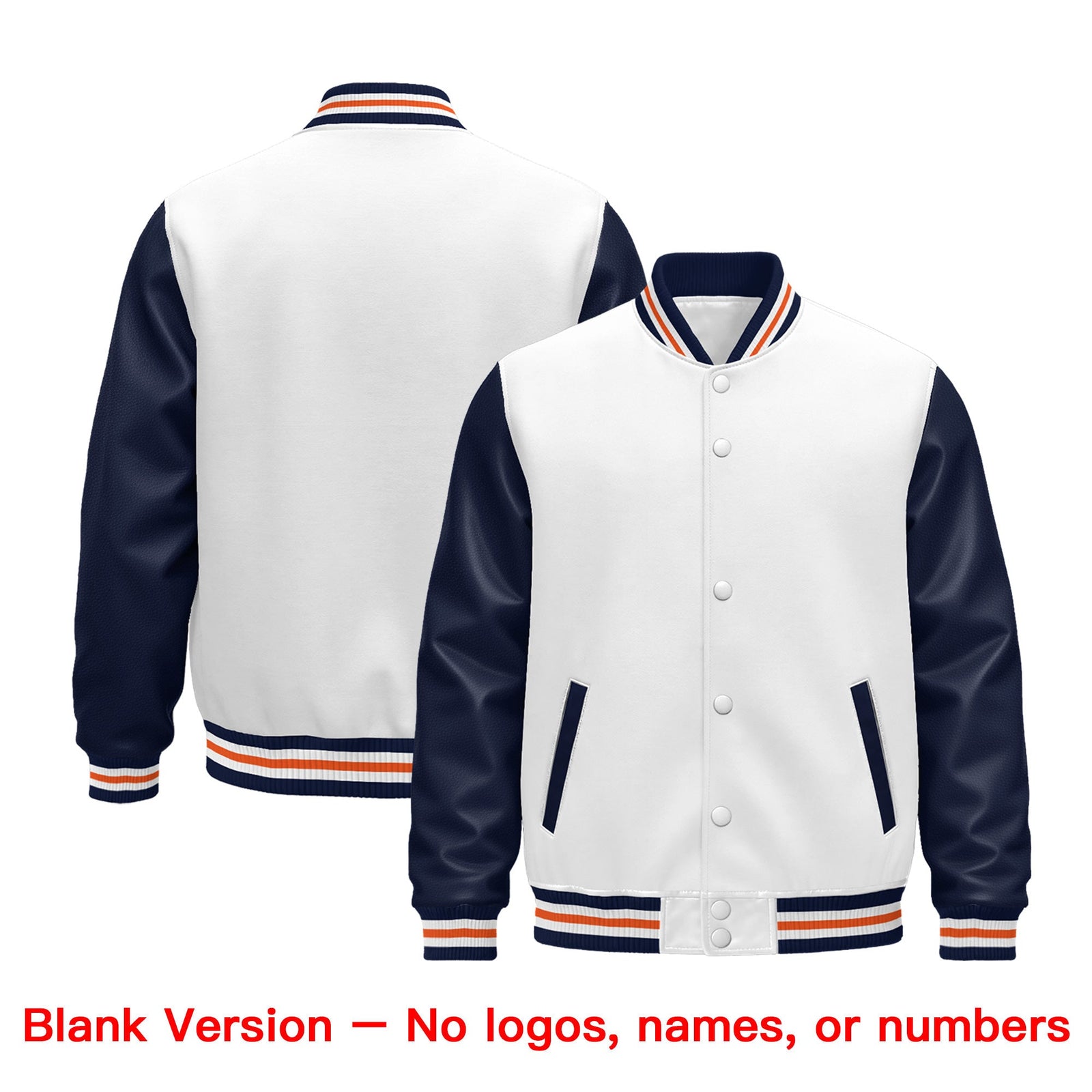 Custom Navy White Orange Raglan Sleeves Varsity Full-Snap Leather Sleeves Letterman Jacket| KXKSHOP