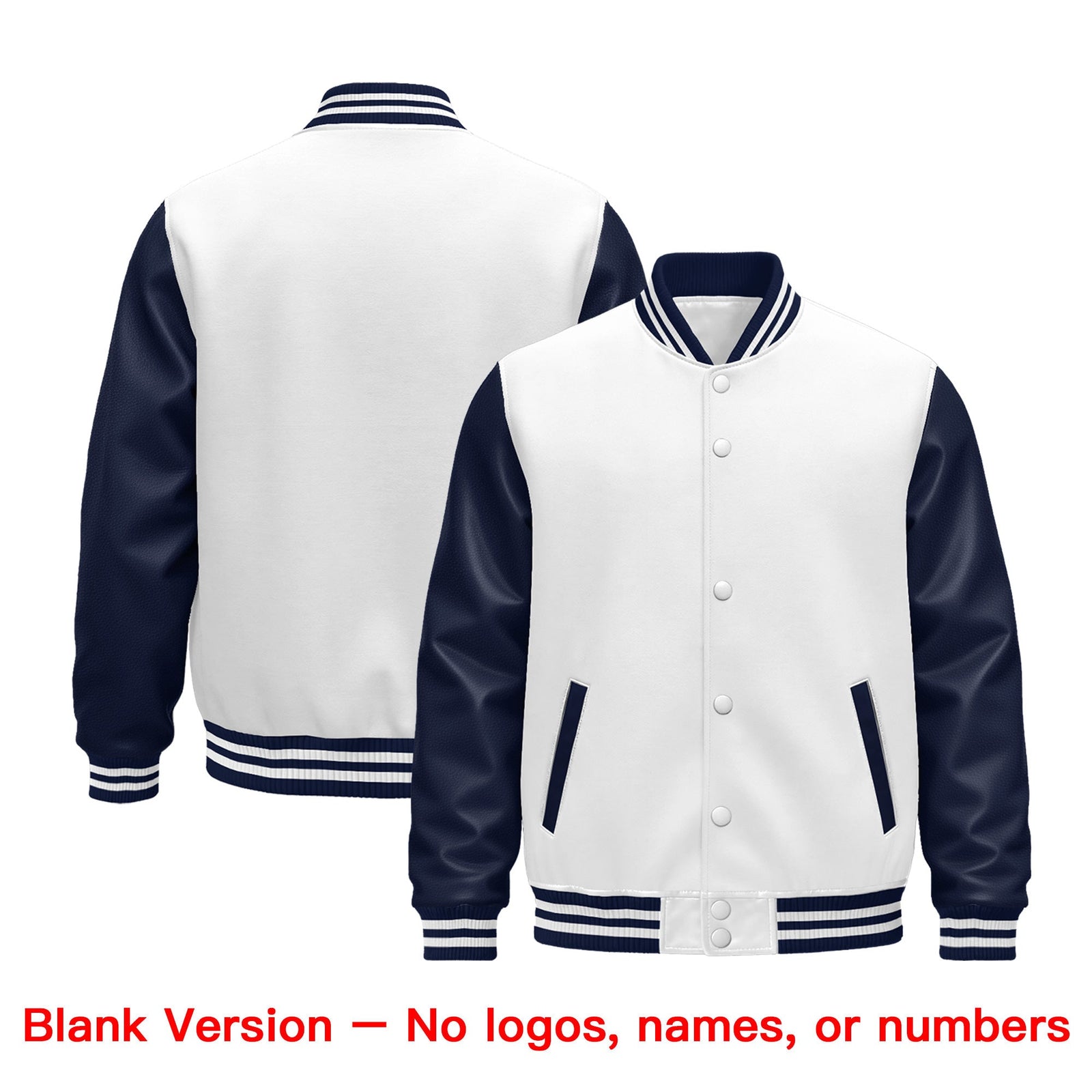 Custom Navy White Raglan Sleeves Varsity Full-Snap Leather Sleeves Letterman Jacket| KXKSHOP