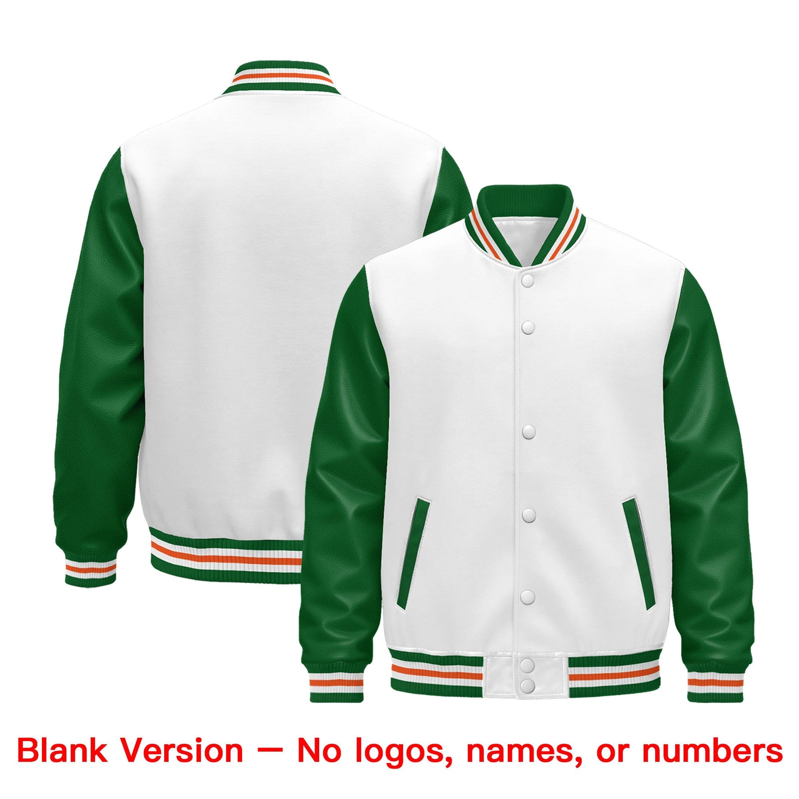 Custom White Kelly Green Orange Raglan Sleeves Varsity Full-Snap Leather Sleeves Letterman Jacket| KXKSHOP