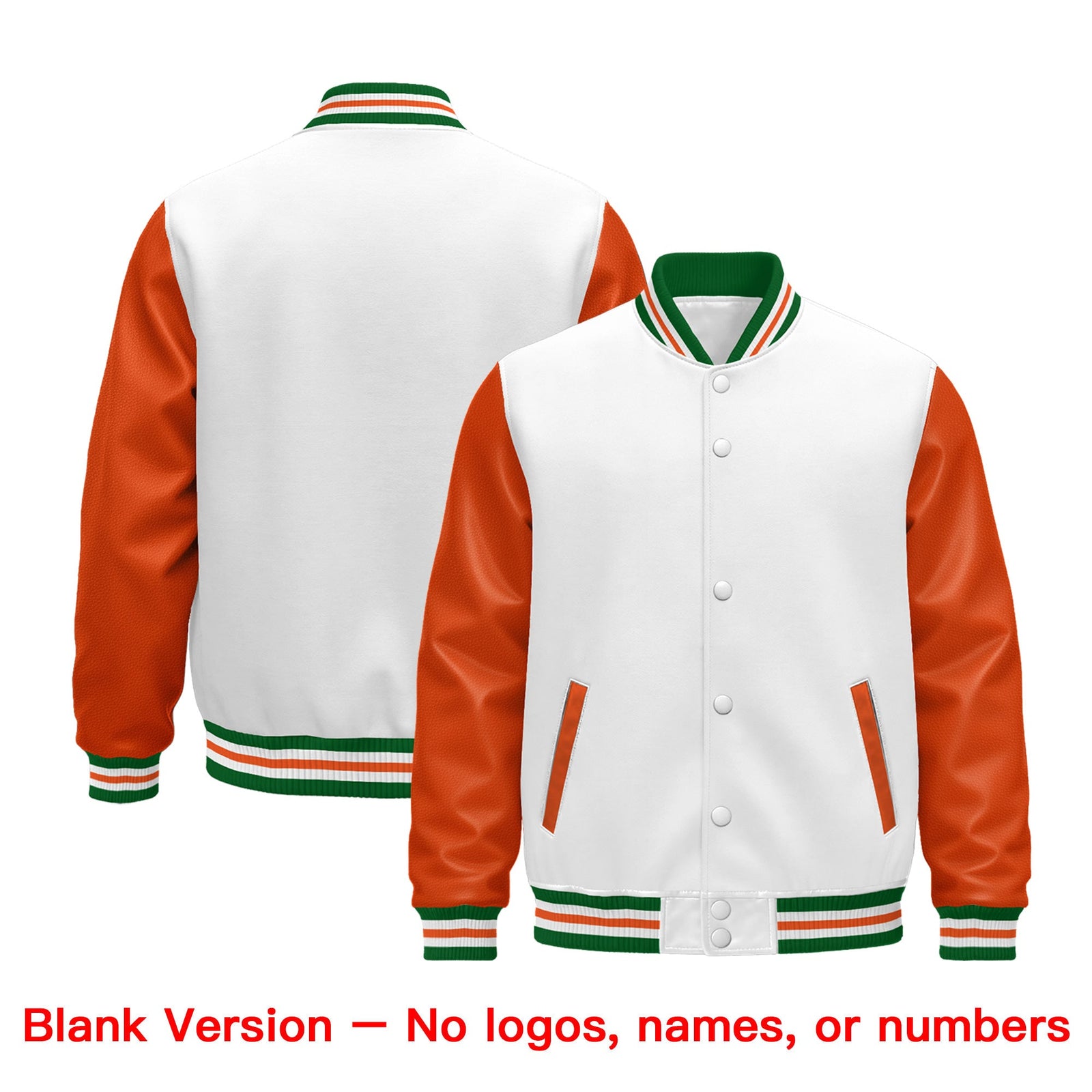 Custom White Orange Kelly Green Raglan Sleeves Varsity Full-Snap Leather Sleeves Letterman Jacket| KXKSHOP