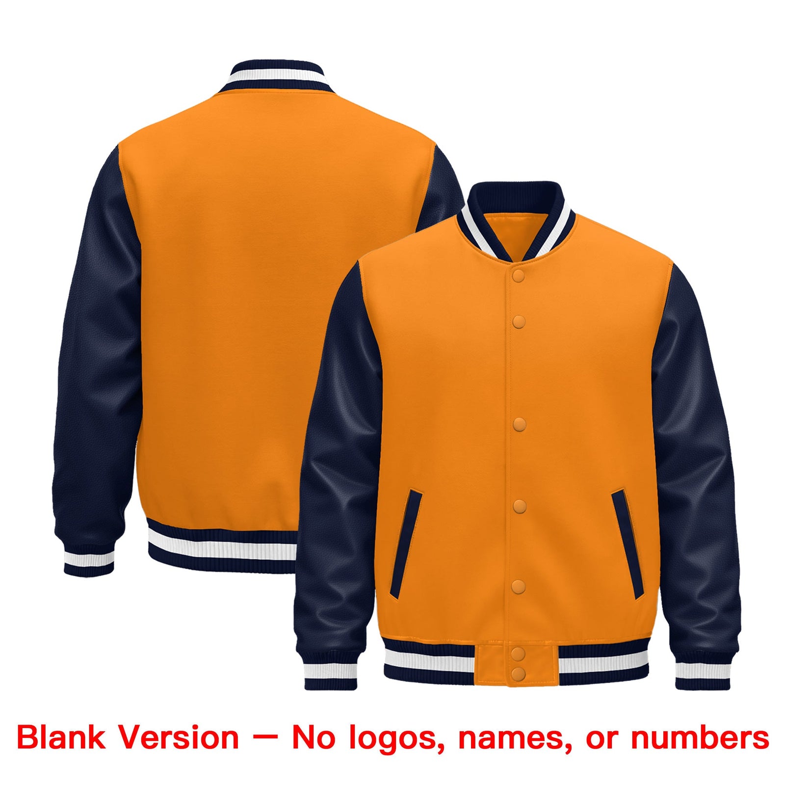 Custom Navy Orange White Raglan Sleeves Varsity Full-Snap Leather Sleeves Letterman Jacket| KXKSHOP