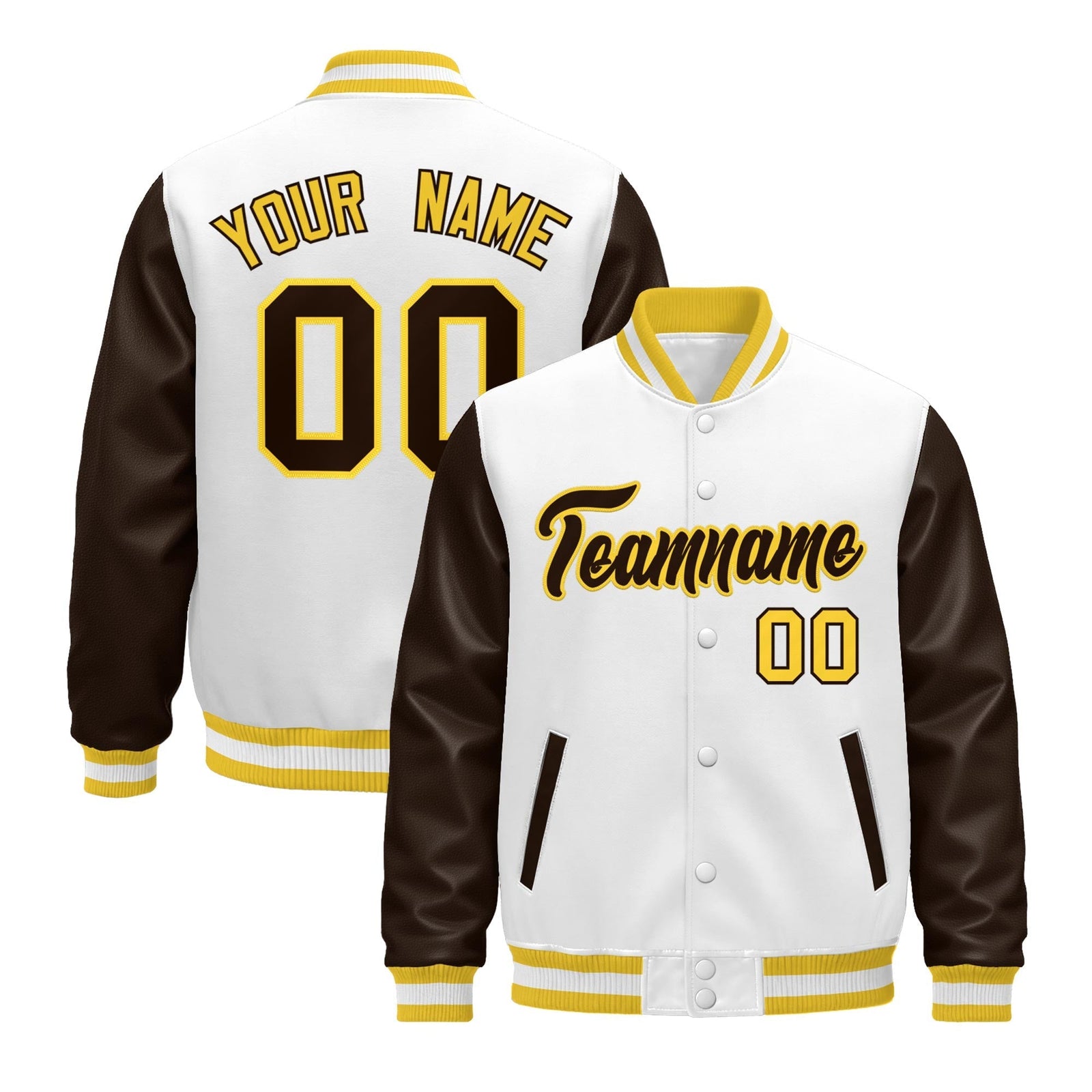 Custom White Brown Gold Raglan Sleeves Varsity Full-Snap Leather Sleeves Letterman Jacket| KXKSHOP
