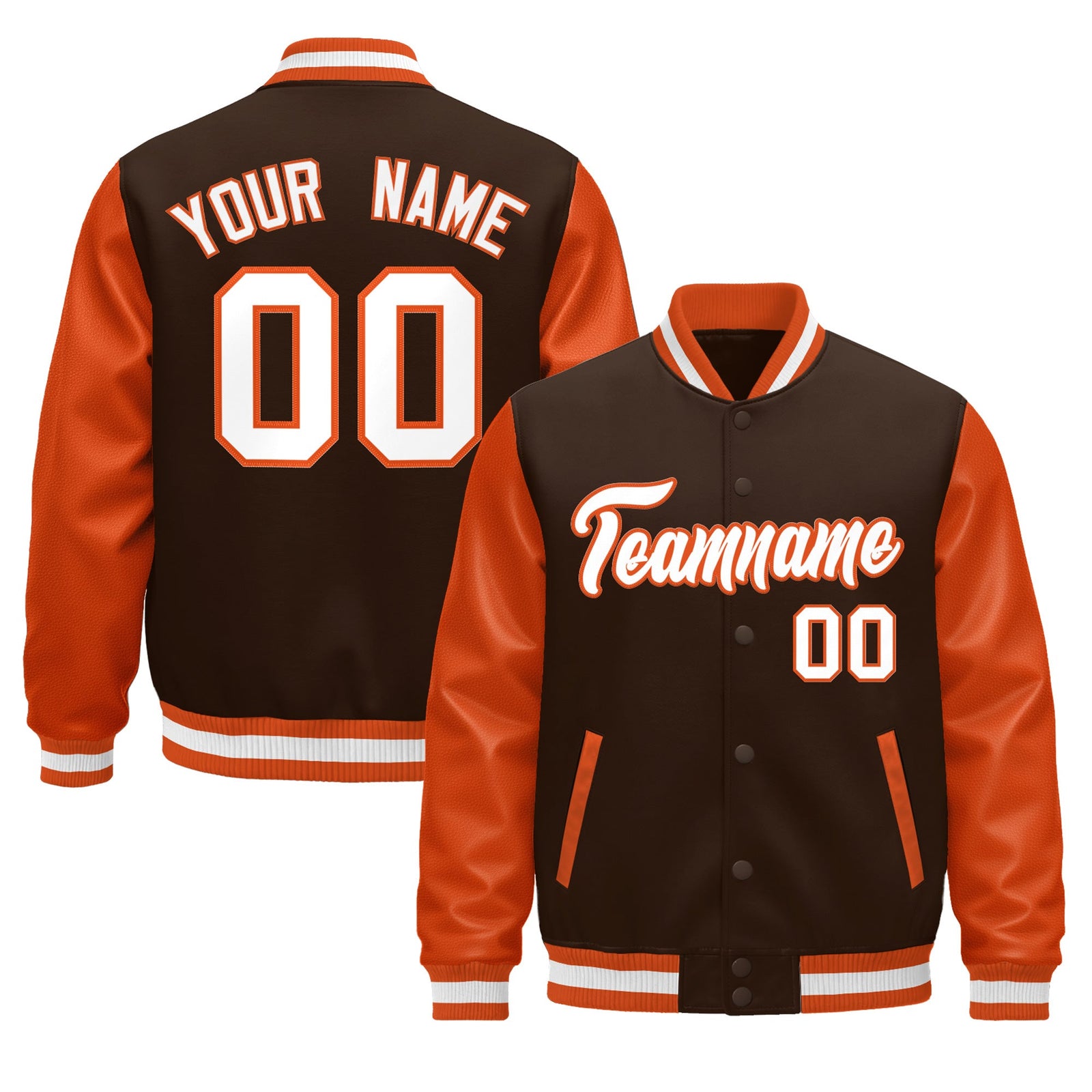Custom Orange Brown White Raglan Sleeves Varsity Full-Snap Leather Sleeves Letterman Jacket| KXKSHOP
