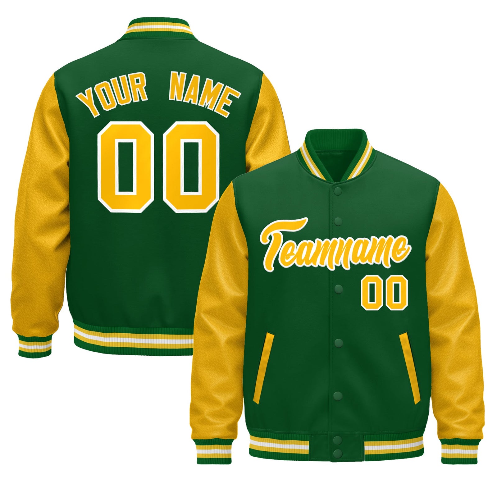 Custom Kelly Green Gold White Raglan Sleeves Varsity Full-Snap Leather Sleeves Letterman Jacket| KXKSHOP