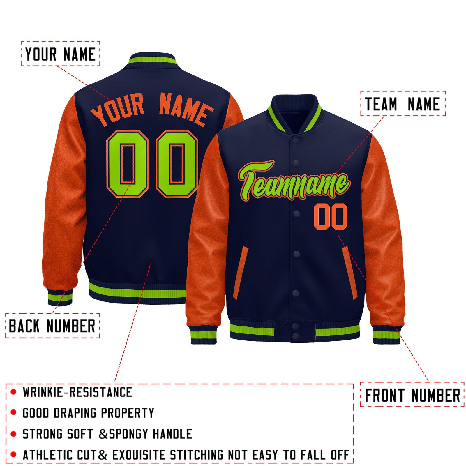 Custom Navy Orange Neon Green Raglan Sleeves Varsity Full-Snap Leather Sleeves Letterman Jacket| KXKSHOP