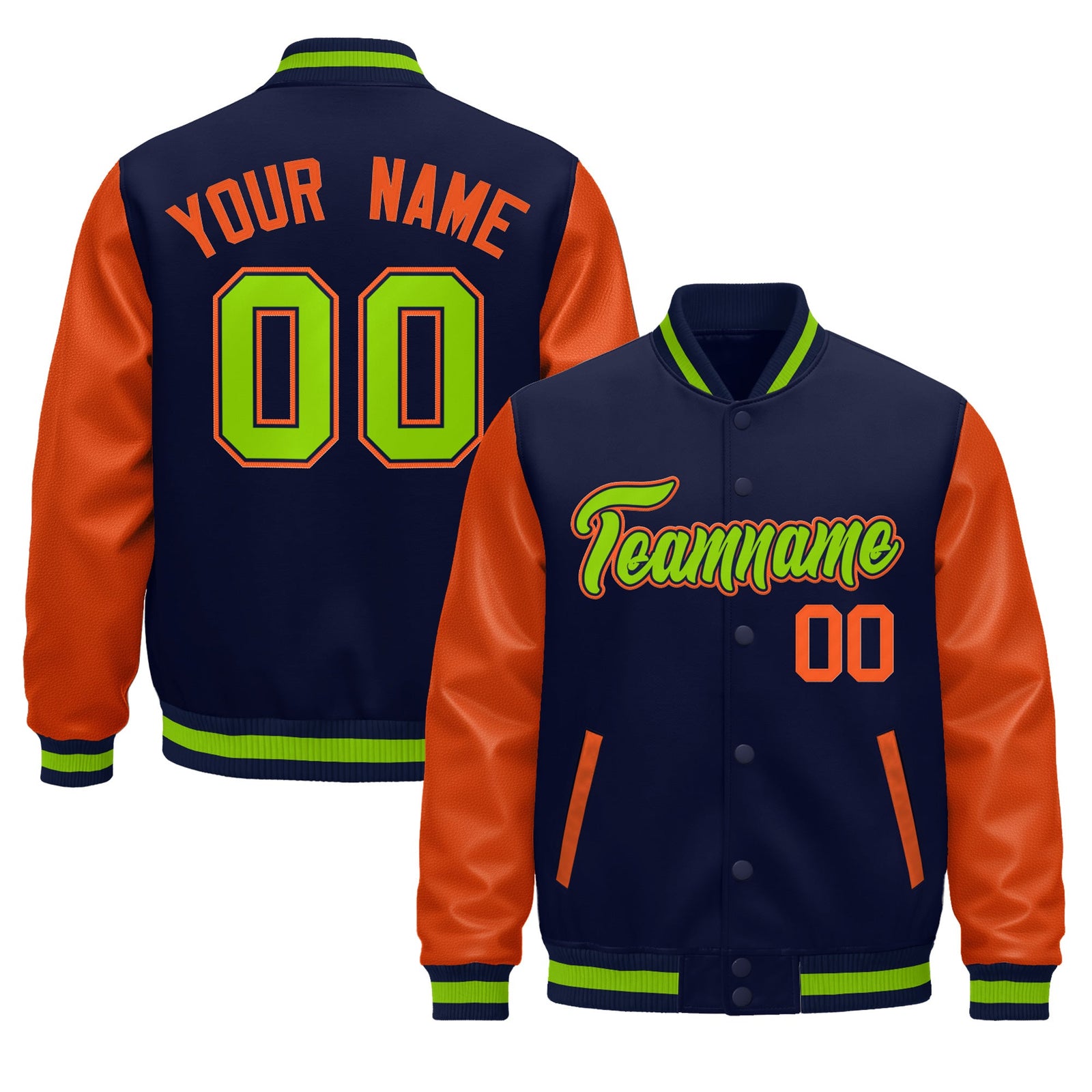 Custom Navy Orange Neon Green Raglan Sleeves Varsity Full-Snap Leather Sleeves Letterman Jacket| KXKSHOP