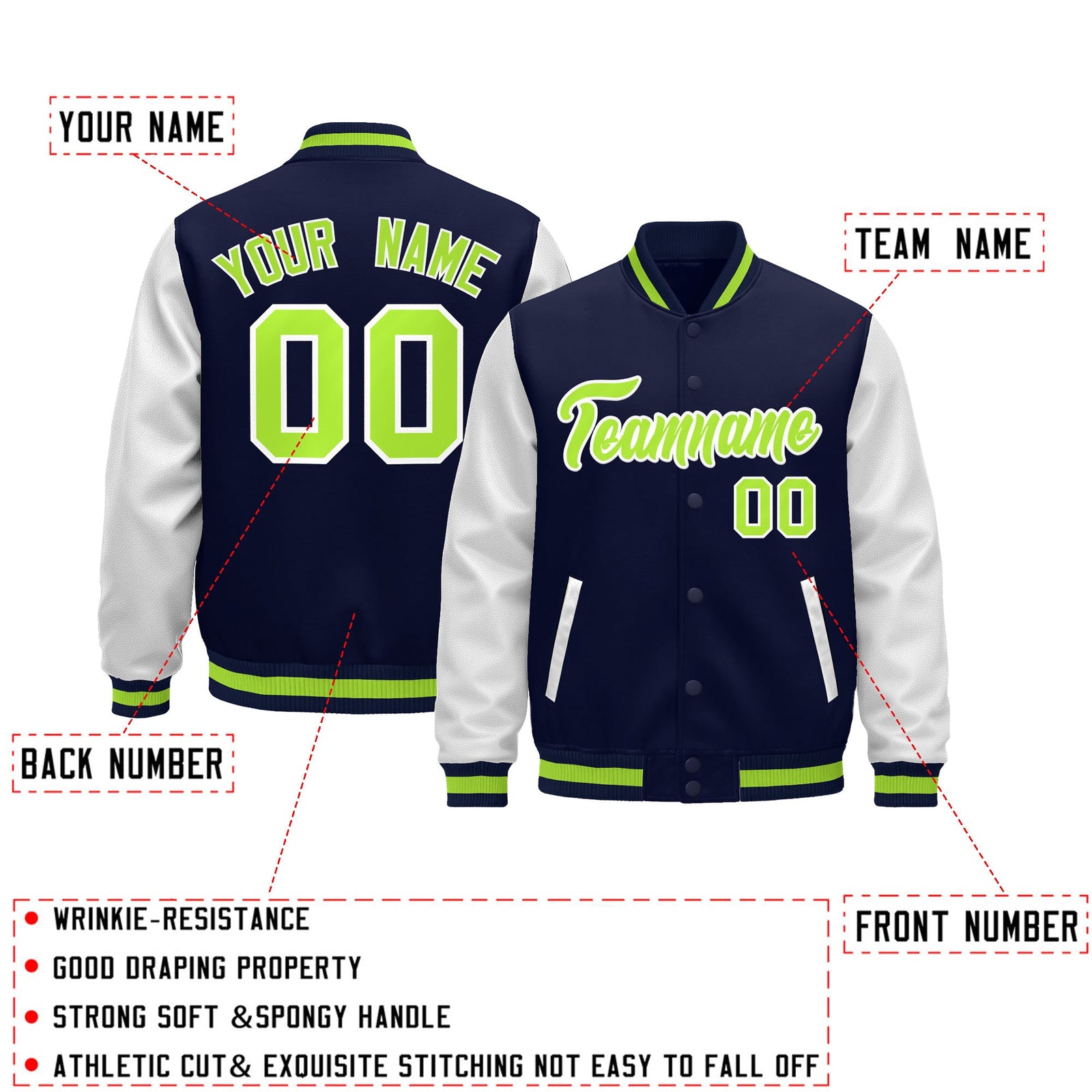 Custom Navy White Neon Green Raglan Sleeves Varsity Full-Snap Leather Sleeves Letterman Jacket| KXKSHOP