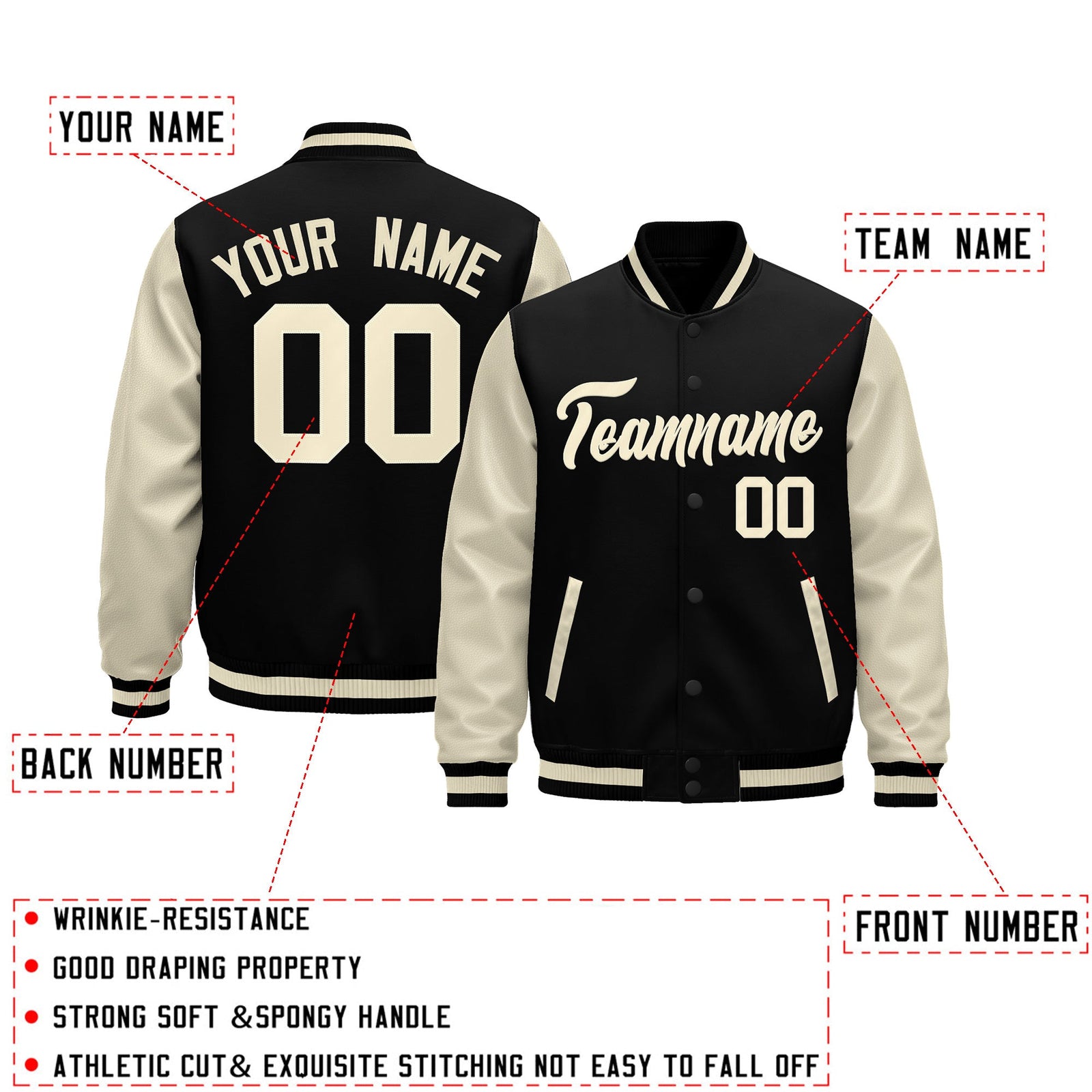 Custom Black Cream Raglan Sleeves Varsity Full-Snap Leather Sleeves Letterman Jacket| KXKSHOP