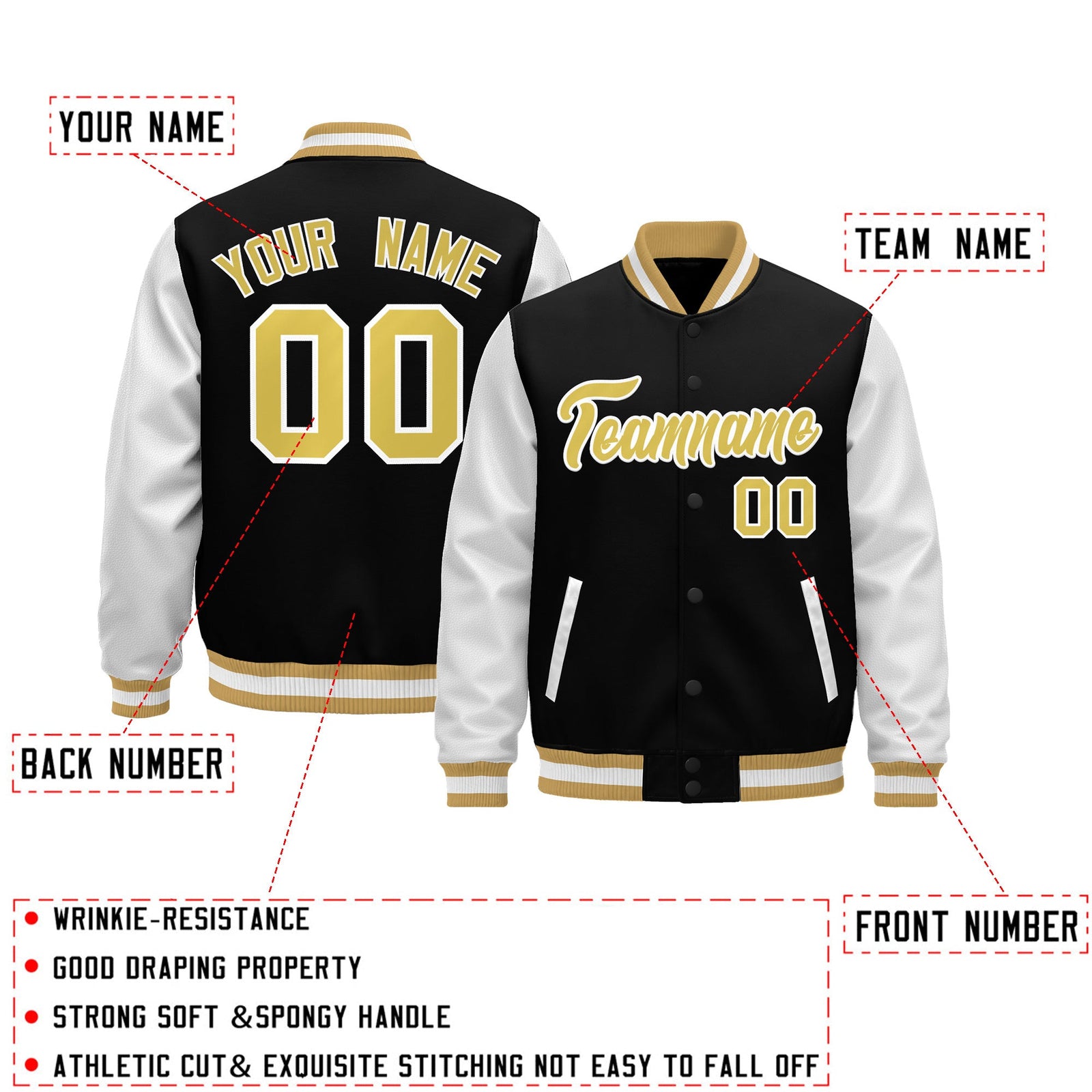 Custom Black Old Gold White Raglan Sleeves Varsity Full-Snap Leather Sleeves Letterman Jacket| KXKSHOP