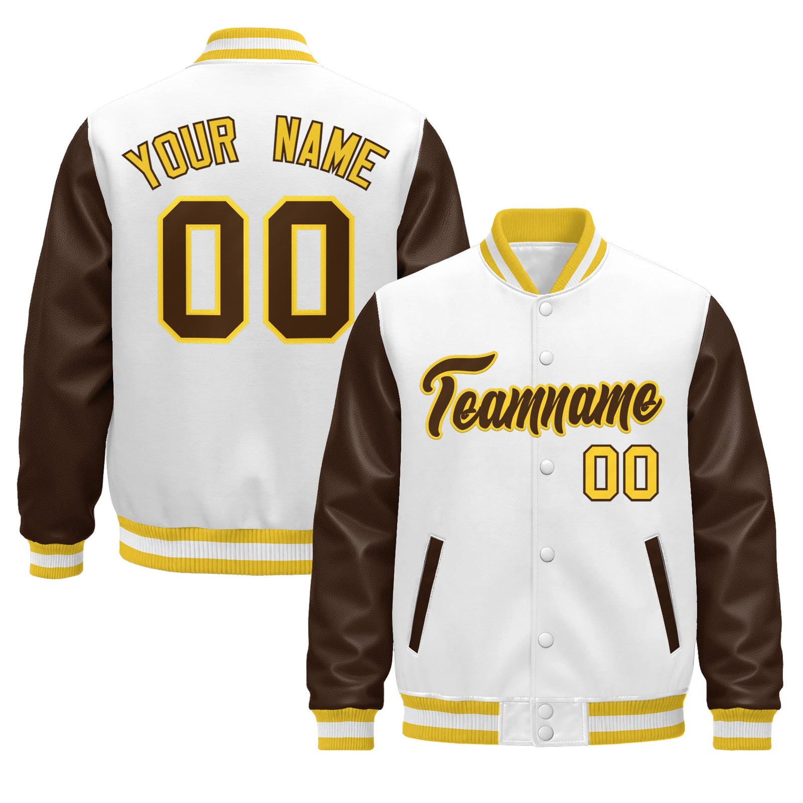 Custom White Brown Gold Raglan Sleeves Varsity Full-Snap Leather Sleeves Letterman Jacket| KXKSHOP