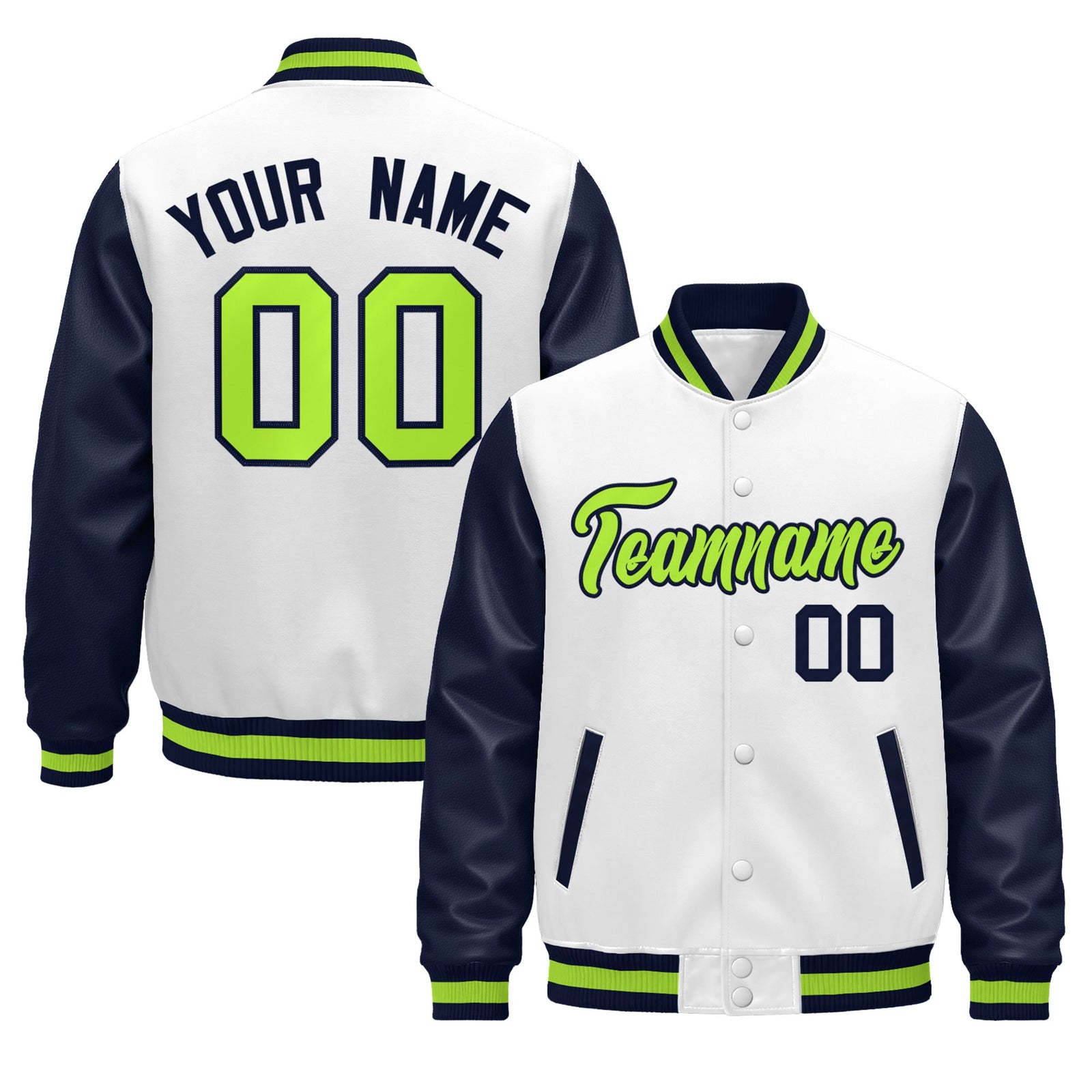 Custom Navy White Neon Green Raglan Sleeves Varsity Full-Snap Leather Sleeves Letterman Jacket| KXKSHOP