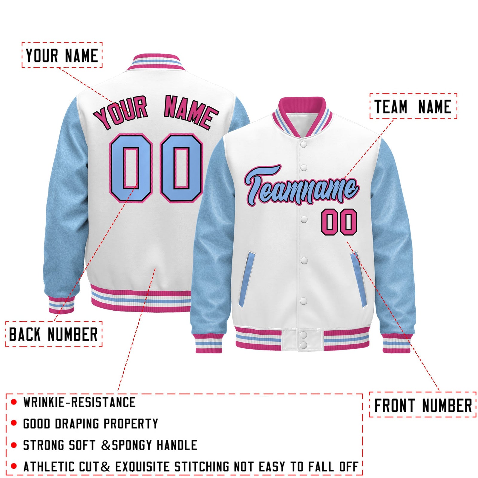 Custom White Light Blue Pink Raglan Sleeves Varsity Full-Snap Leather Sleeves Letterman Jacket| KXKSHOP