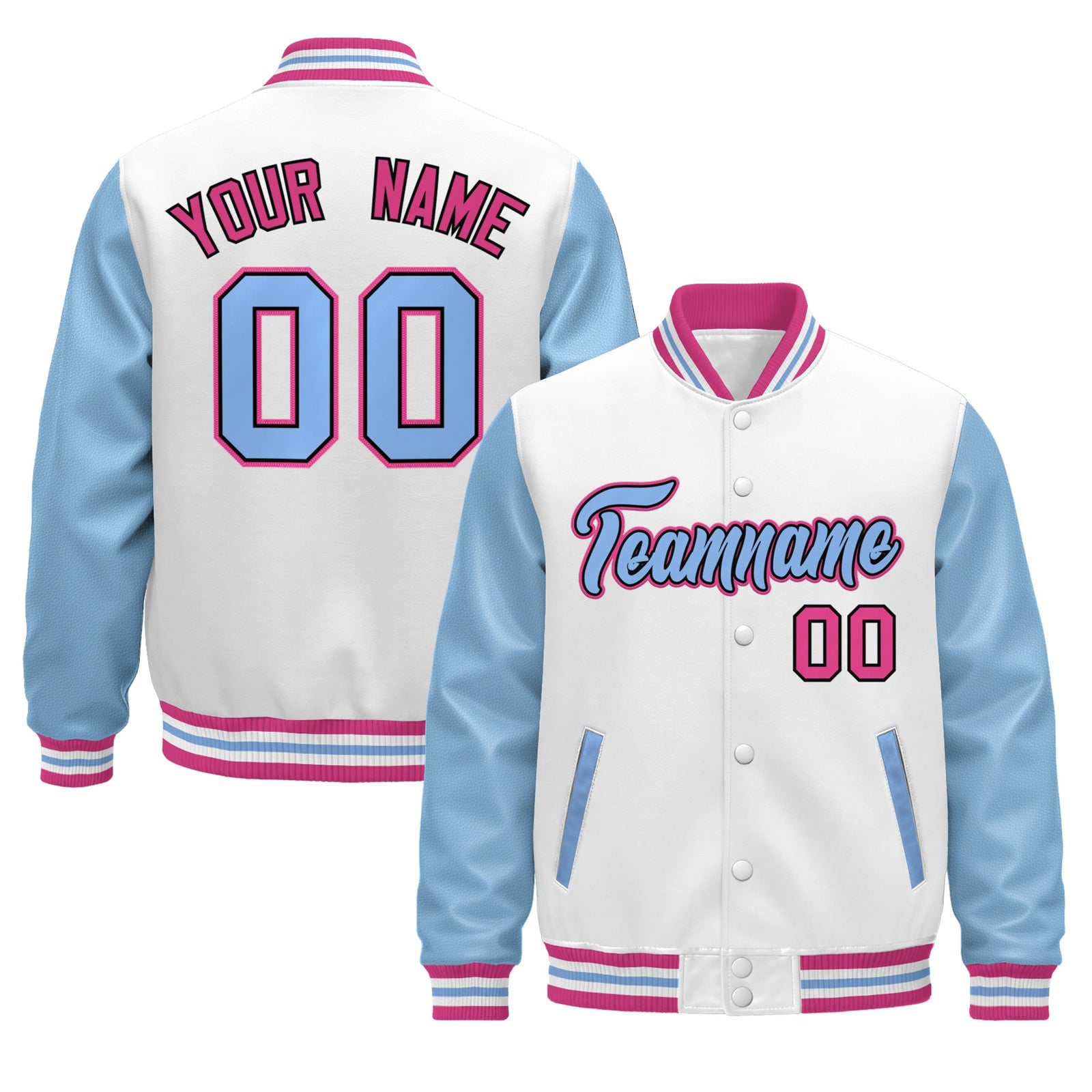 Custom White Light Blue Pink Raglan Sleeves Varsity Full-Snap Leather Sleeves Letterman Jacket| KXKSHOP