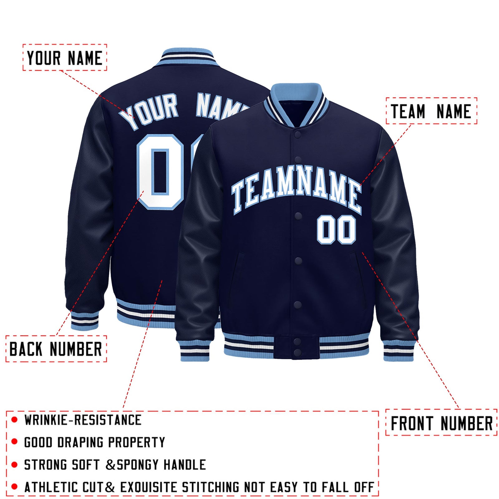 Custom Navy White Light Blue Classic Style Leather Sleeves Wrinkle-Resistant Jacket| KXKSHOP