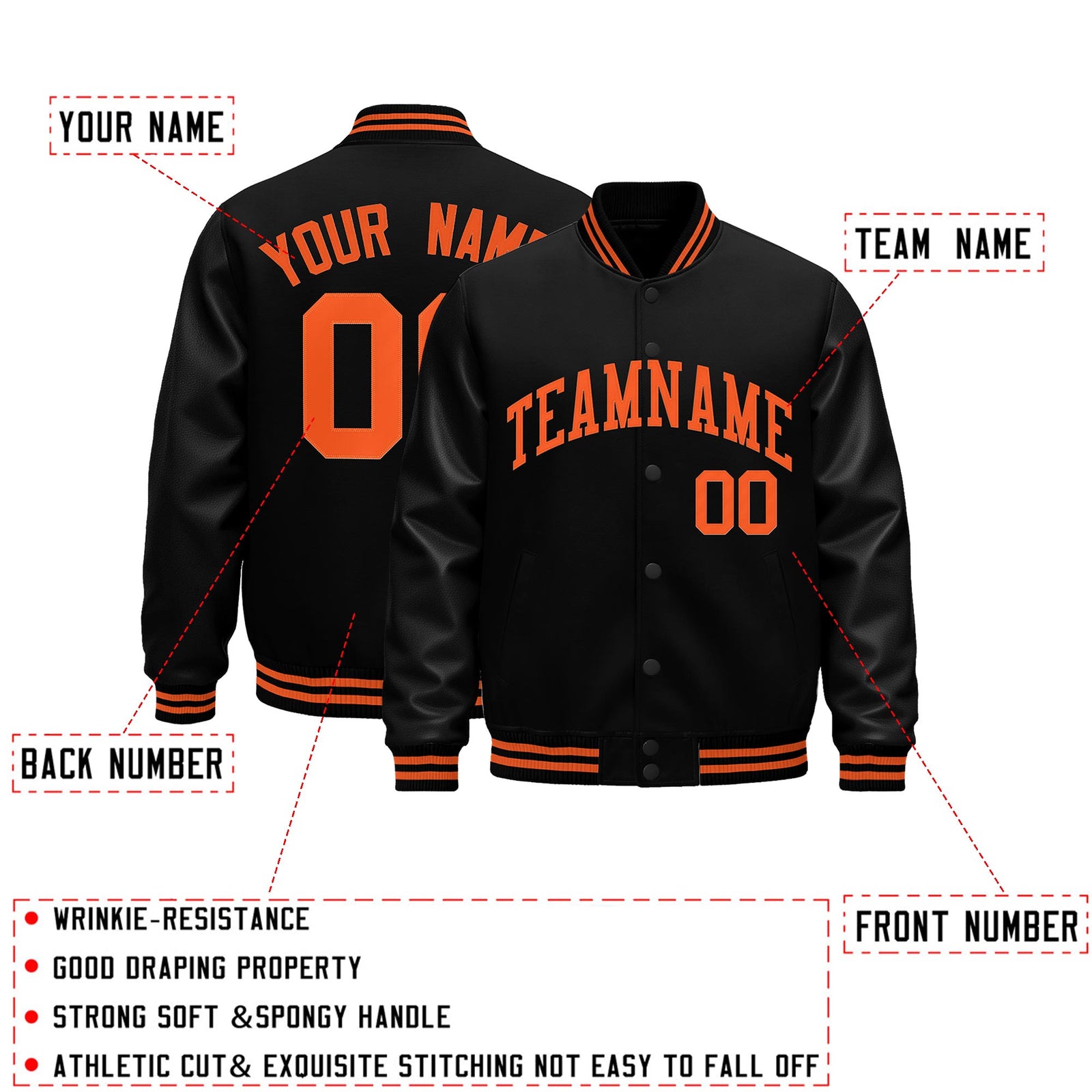 Custom Black Orange Classic Style Leather Sleeves Wrinkle-Resistant Jacket| KXKSHOP