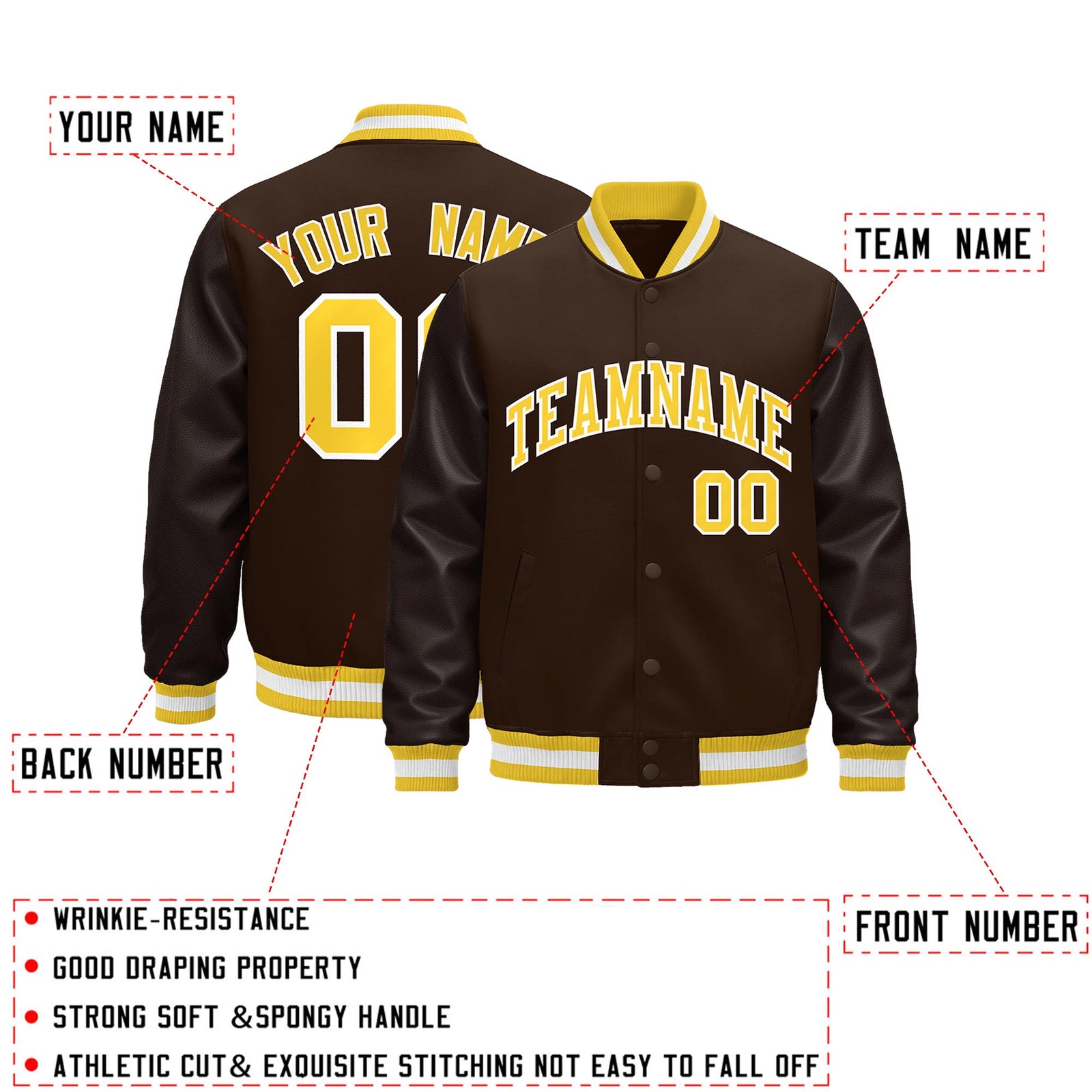 Custom Brown Gold White Classic Style Leather Sleeves Wrinkle-Resistant Jacket| KXKSHOP
