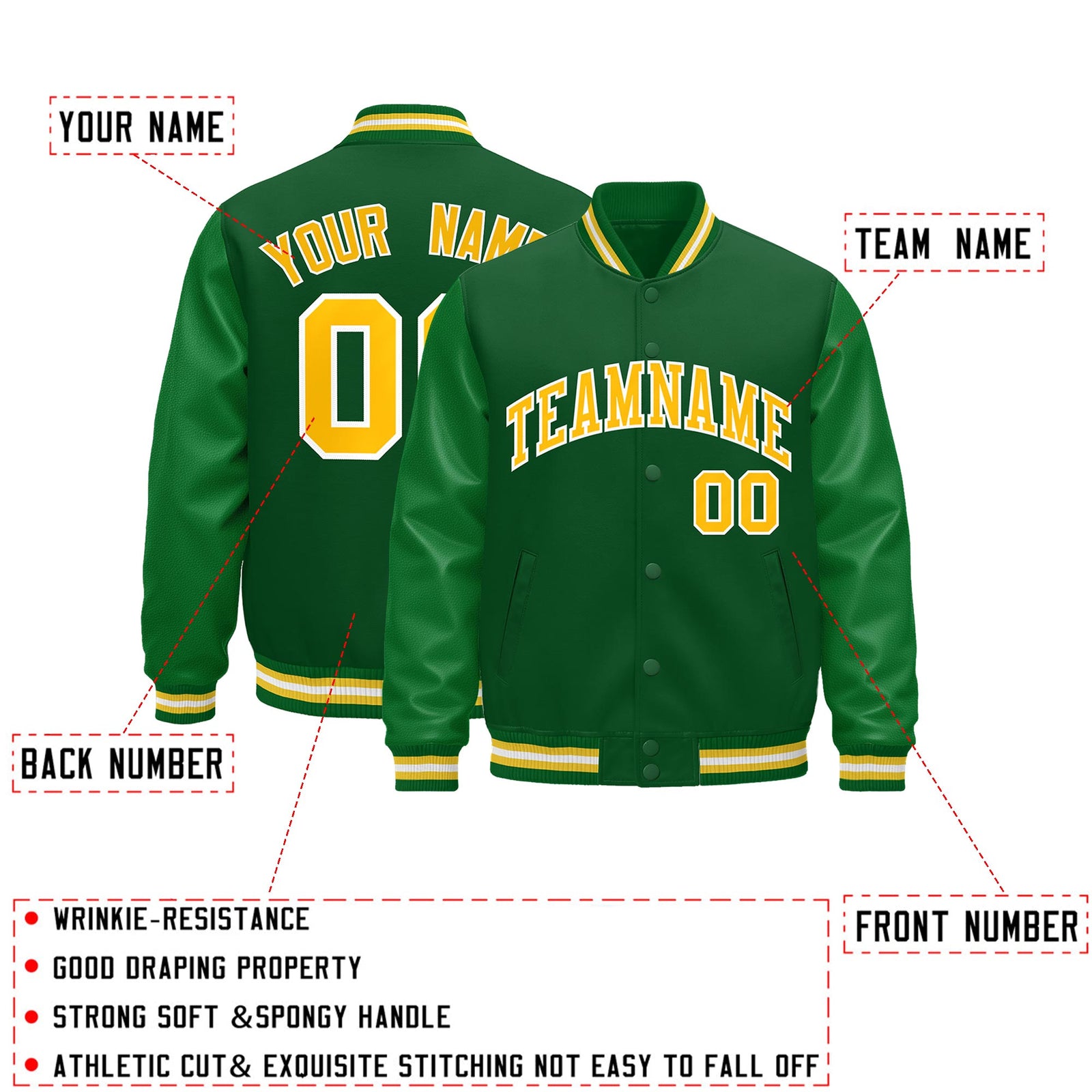 Custom Kelly Green Gold White Classic Style Leather Sleeves Wrinkle-Resistant Jacket| KXKSHOP