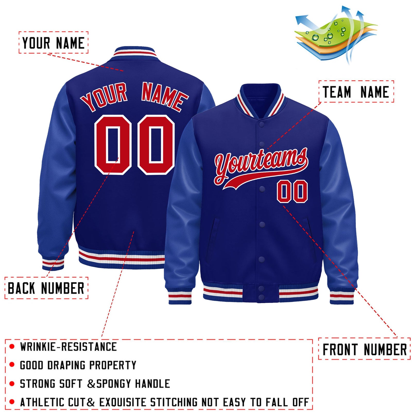 Custom Royal Blue red Classic Style Leather Sleeves Wrinkle-Resistant Jacket| KXKSHOP