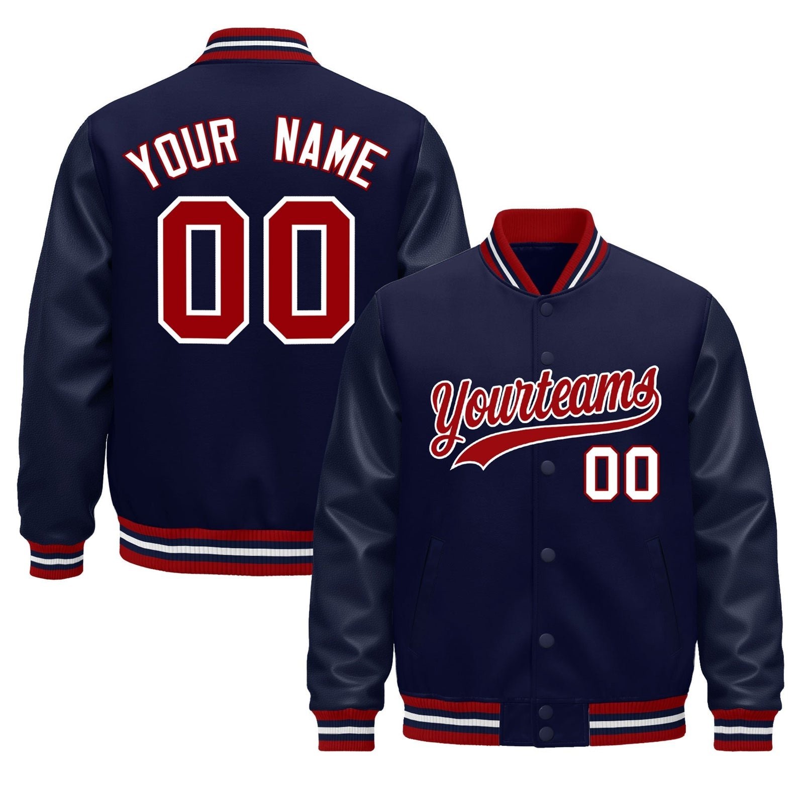 Custom Navy Red White Jacket - Classic Style Leather Sleeves Wrinkle-Resistant